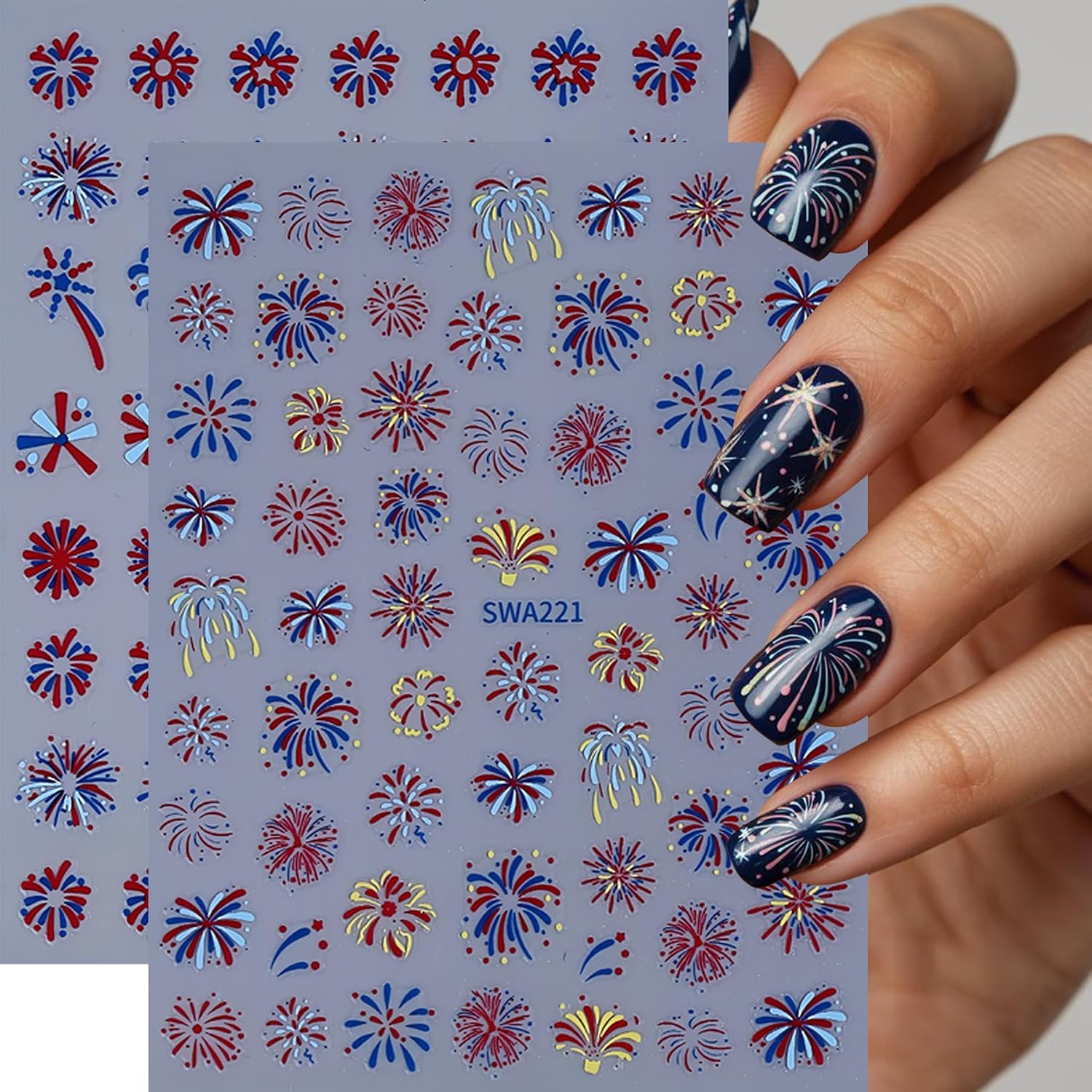 8Pcs Firework Nail Stickers 3D Self-Adhesive Independence Day Nail Decals 4th of July Nail Art Stickers Bright Star Firework Nails Supplies Patriotic Nail Design for Women DIY Holiday Manicure Decor