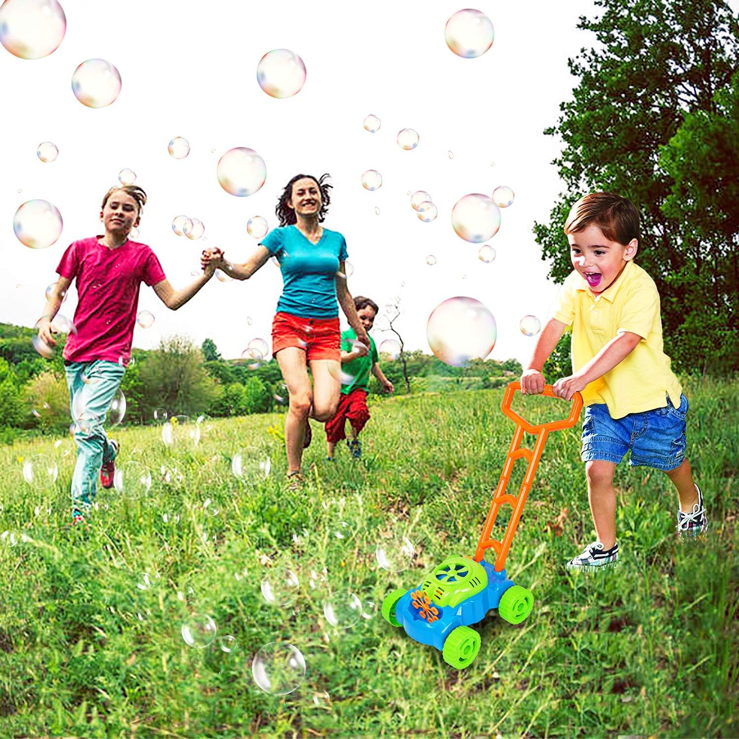 MOZOOSON Bubble Mover Machine for Toddlers, Gifts for 3+ Years Kids Bubble Lawn Blower Maker Machine, Outdoor Push Toys with 2x118ml Bubble Solutions, Birthday Toys for Baby Kids Girls Boys