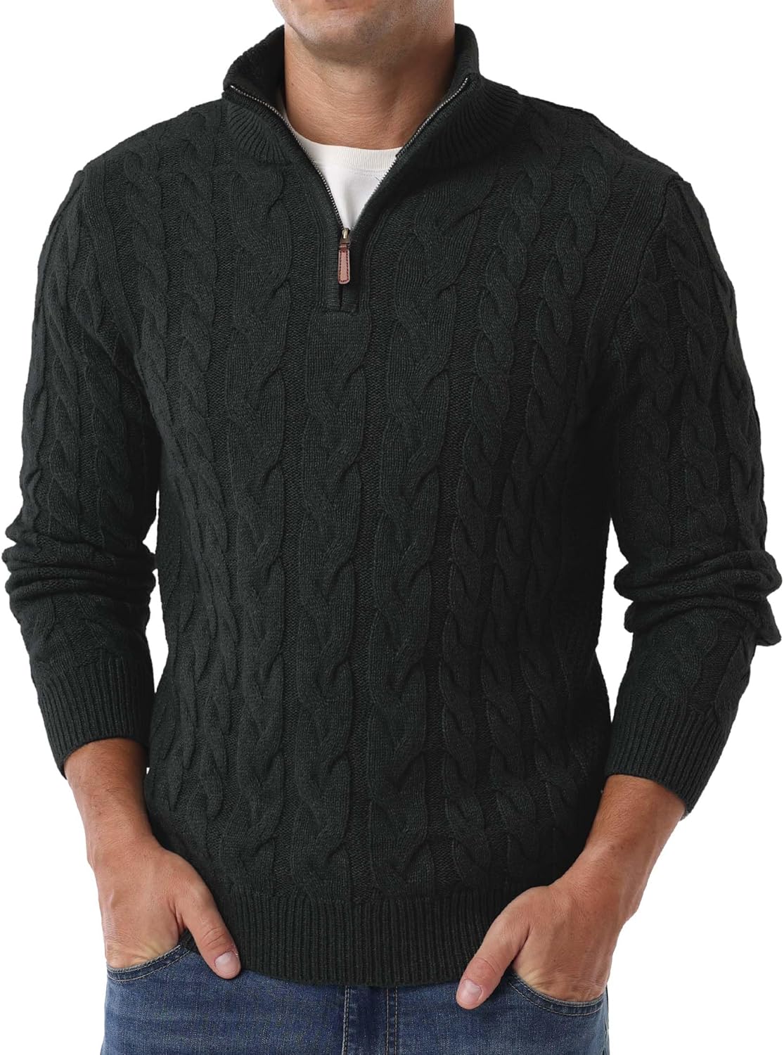 Askdeer Men's Quarter Zip Sweater Cable Knit Mock Neck Pullover Sweaters Classic Casual Polo Sweater - Image 3