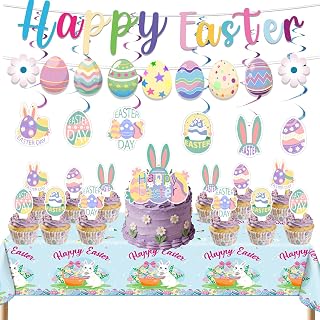 Happy Easter Decorations Set, Bunny Eggs Banner, Hanging Swirls, Cupcake Toppers, Table Cover, Colorful Party Supplies