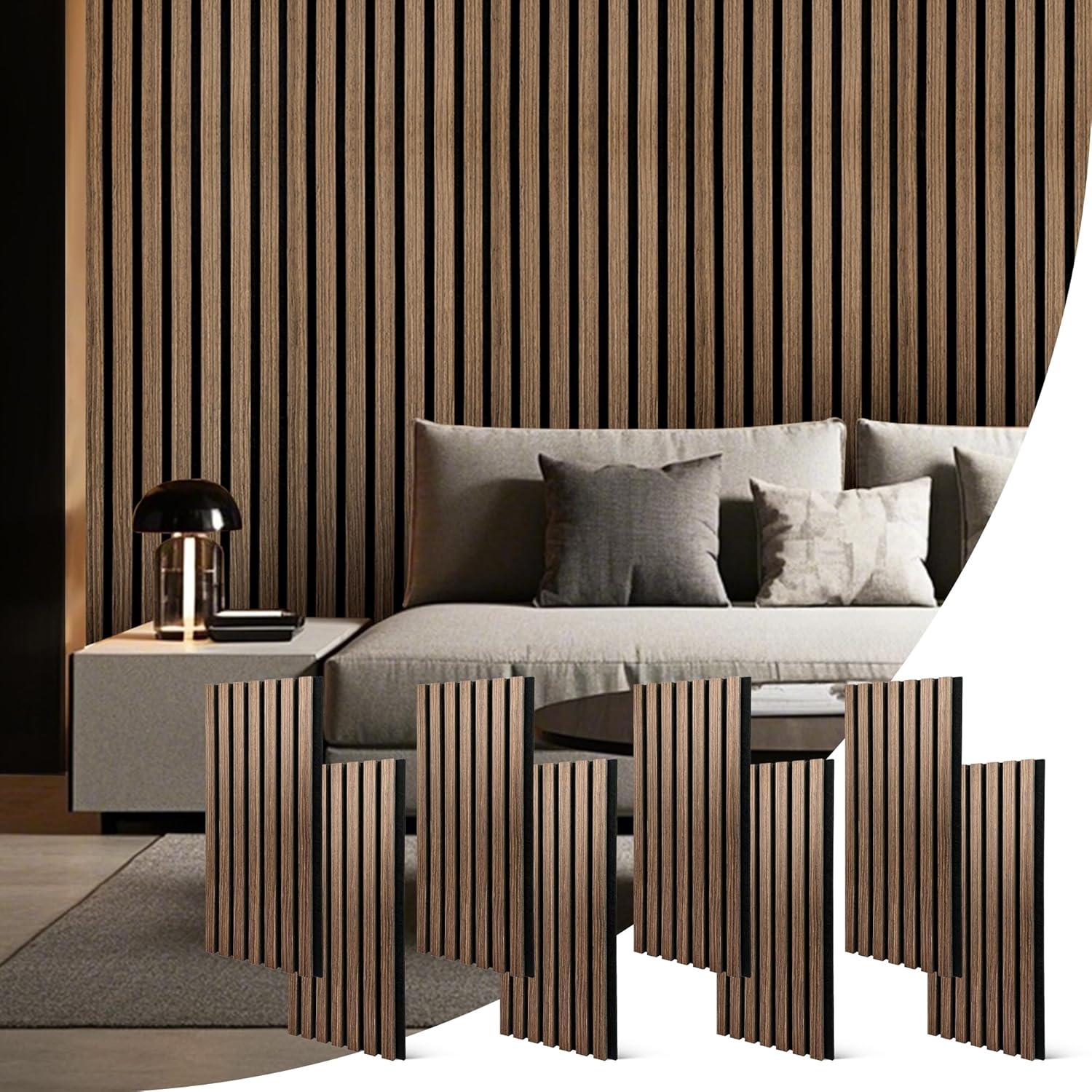 Wood Slat Acoustic Wall Panels – 8PC 23.62"x11.22” Sound Dampening Panels with Natural Wood Finish – 3D Fluted Decorative Interior Wall Panels for Home, Studio, Office (Walnut)