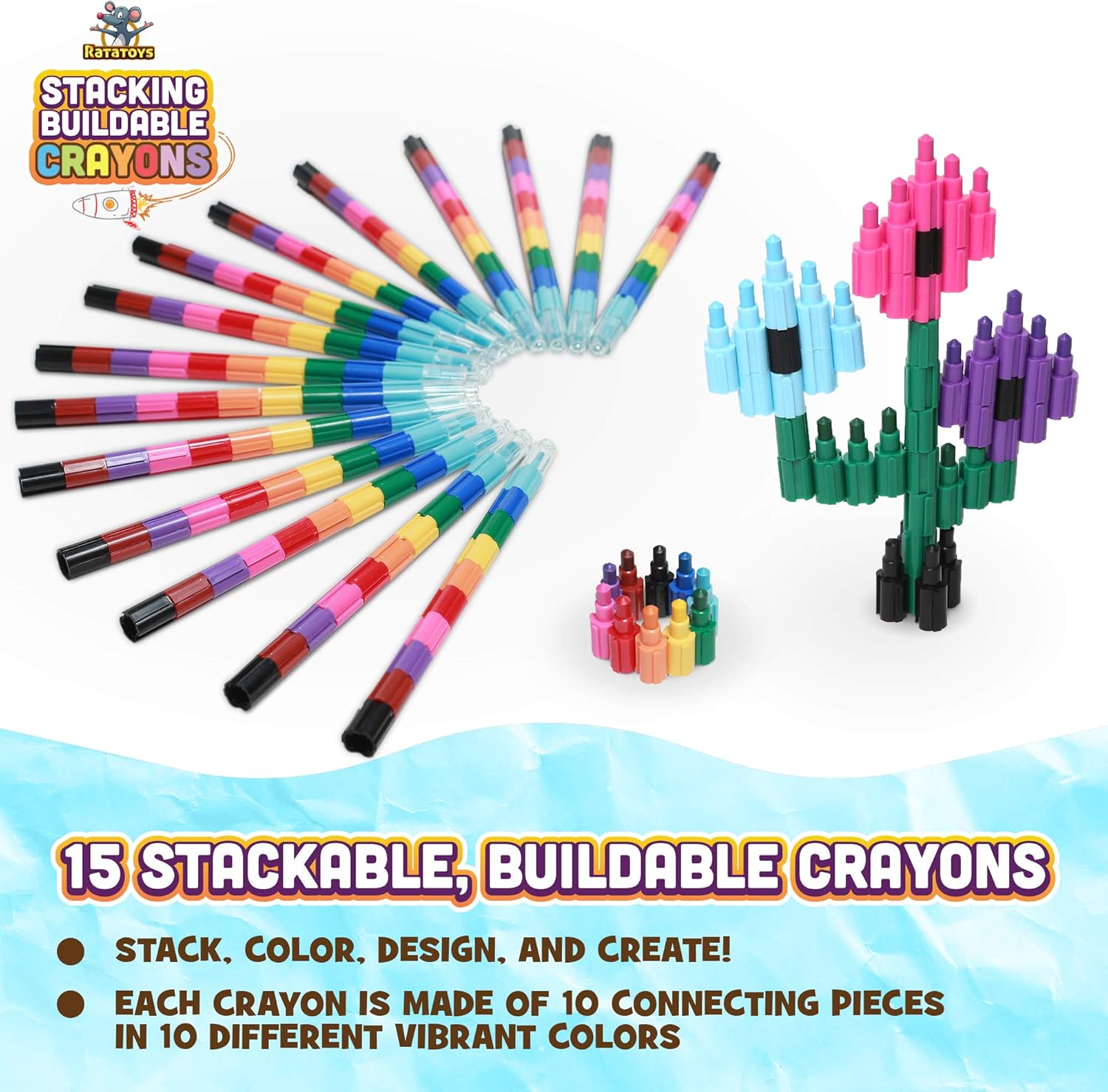 Stacking Crayons, 15 pc Set, Buildable and Stackable for Drawing, Coloring, or Arts and Crafts, Large Preschool Friendly Connect Pieces, Party Favor and Classroom Fun