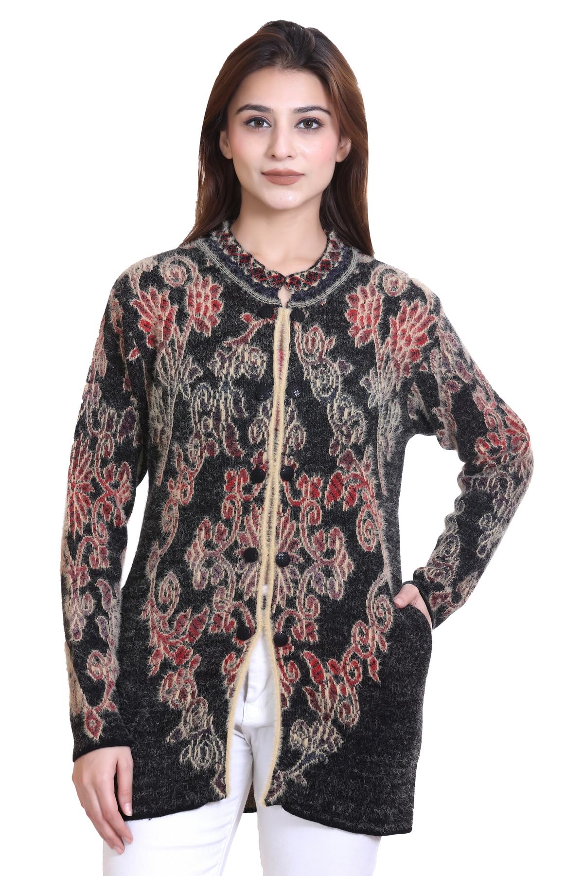 aarbee Round Neck Full Sleeve Long Woollen Cardigan for Women with Pockets-picture-47