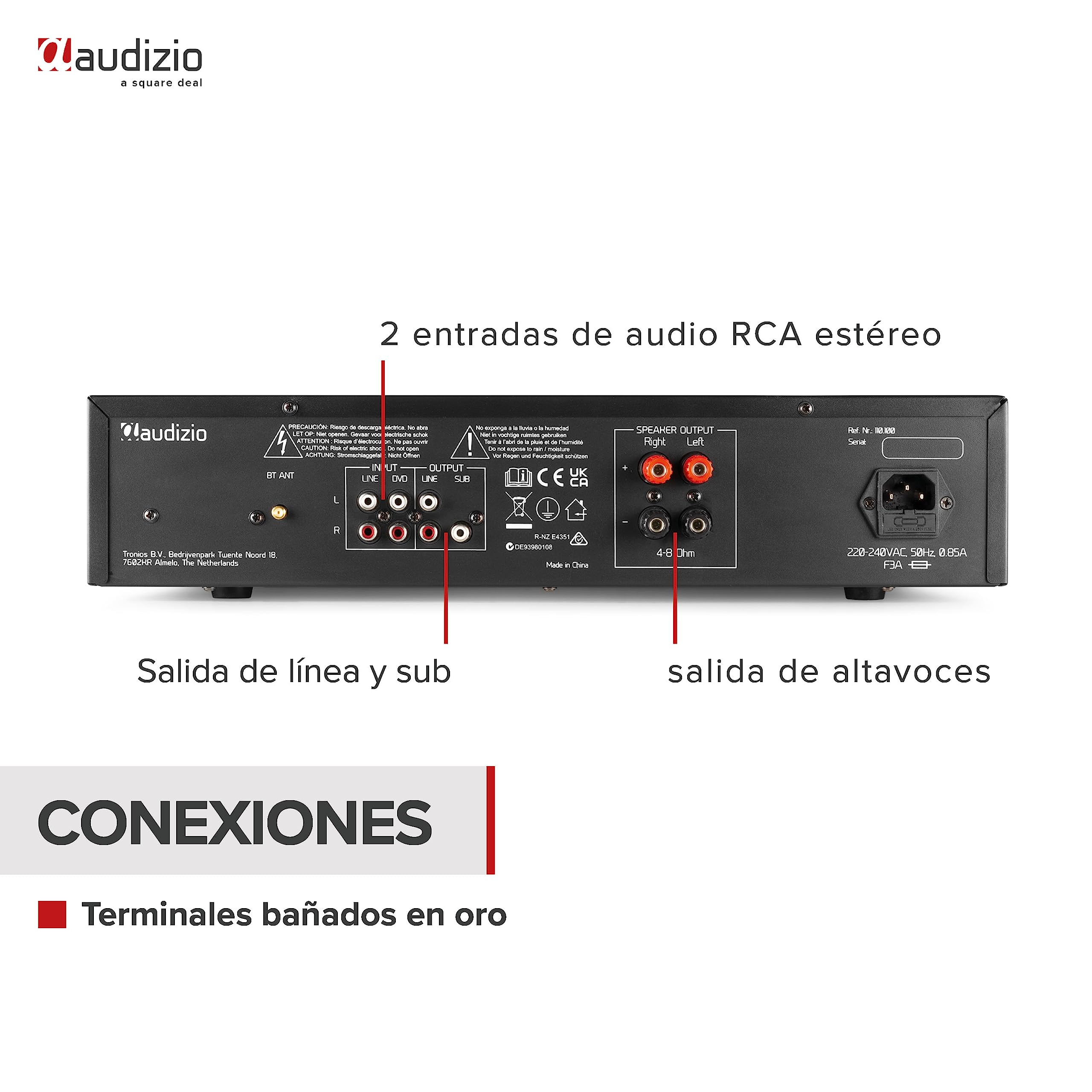 Audizio AD200B Amplificador estéreo Hi-Fi 2 x 200 vatios, Amplificador Bluetooth para Altavoces y Sistema Hi-Fi, Amplificador, Amplificador Hi-Fi, Amplificador de Audio con función Bluetooth, Negro