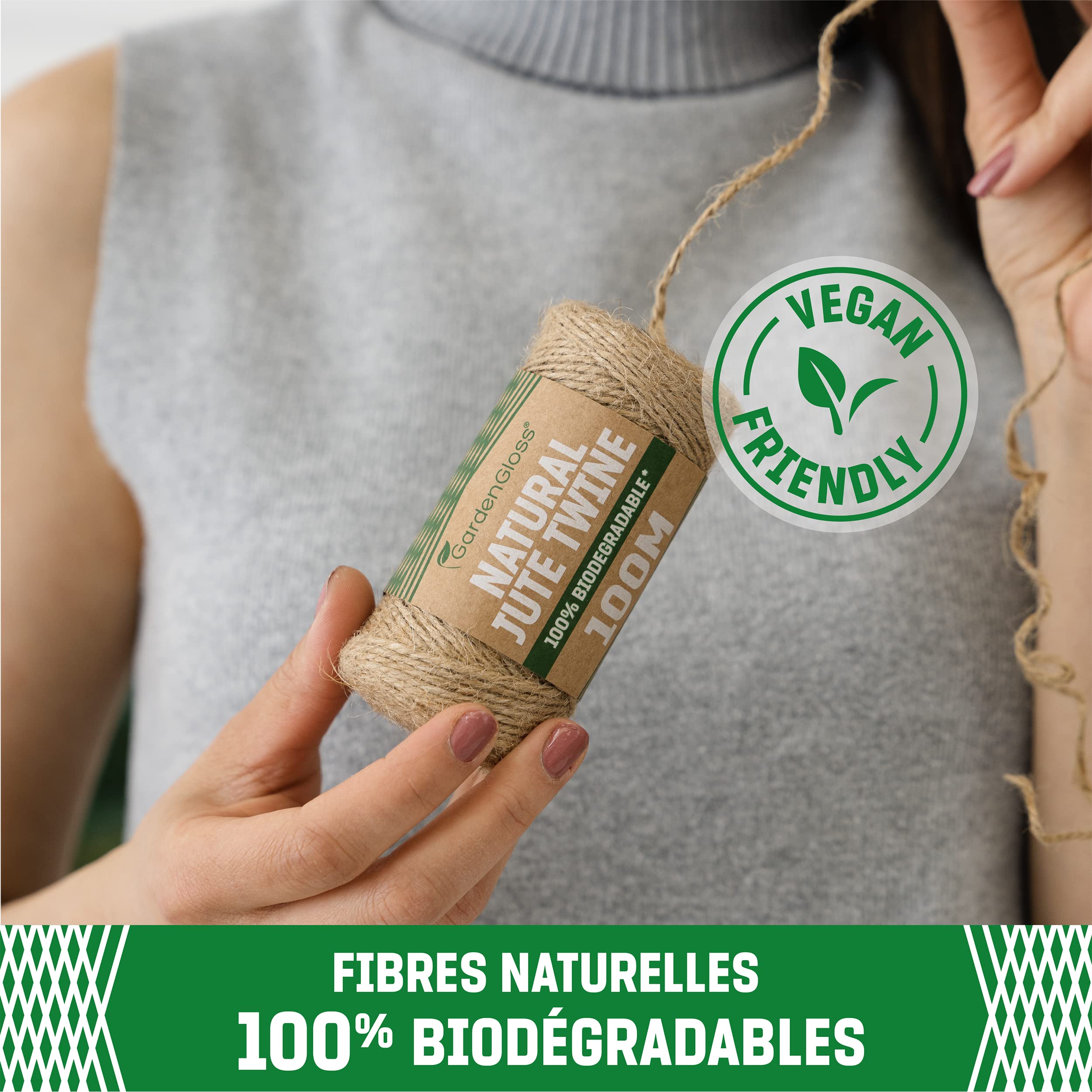 GardenGloss® Ficelle en Jute Naturelle – Ficelle à Deux Brins pour Le Jardin, Les Loisirs Créatifs, Le DIY et l'Emballage Cadeau (100 m de Long, 1 mm d'Épaisseur)