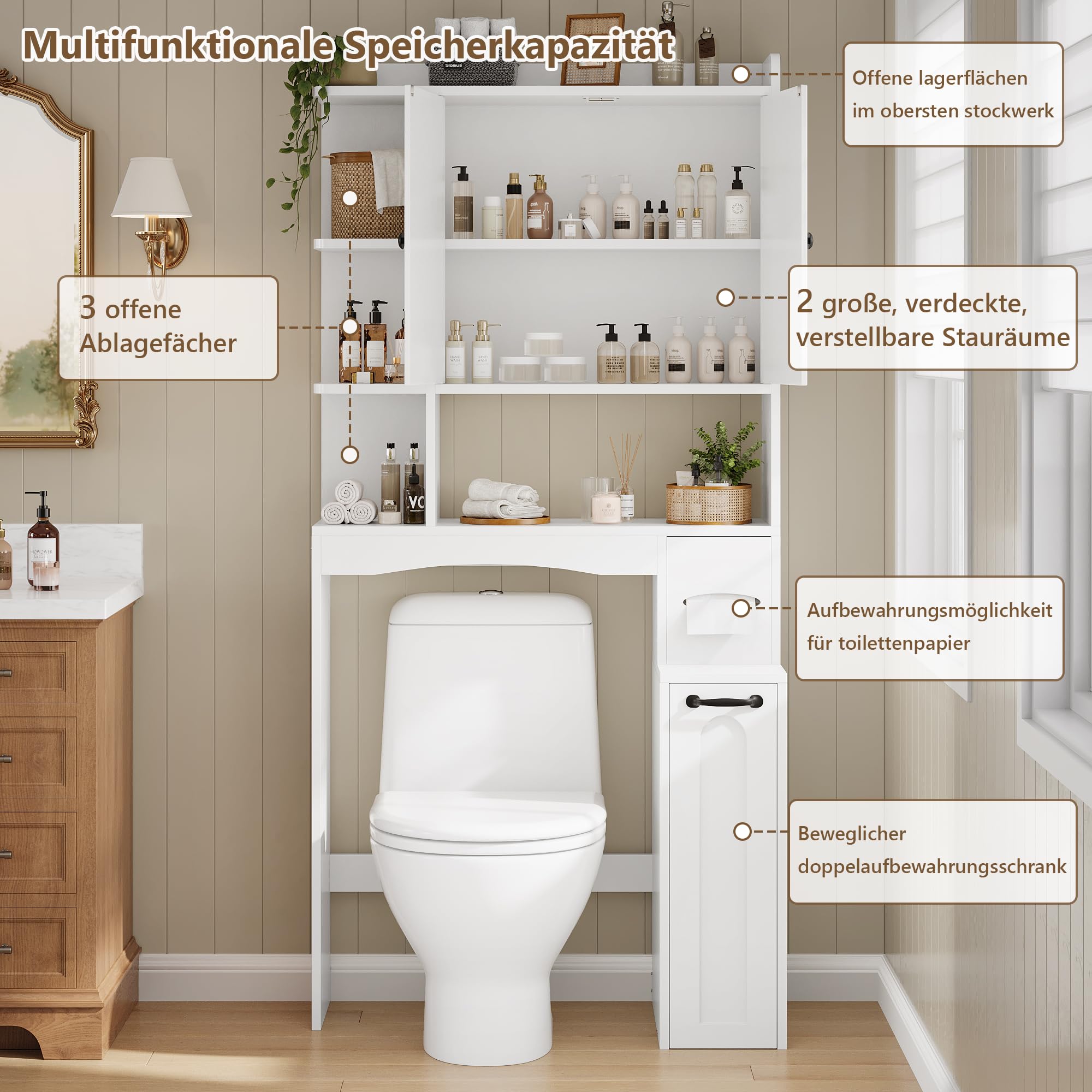FEONASE Über-WC-Aufbewahrungseinheit mit Seilzug, kleinem Stauraum, Toilettenpapierhalter, Türen und verstellbaren Regalböden, platzsparende Lösung für Bad und Waschküche in Weiß