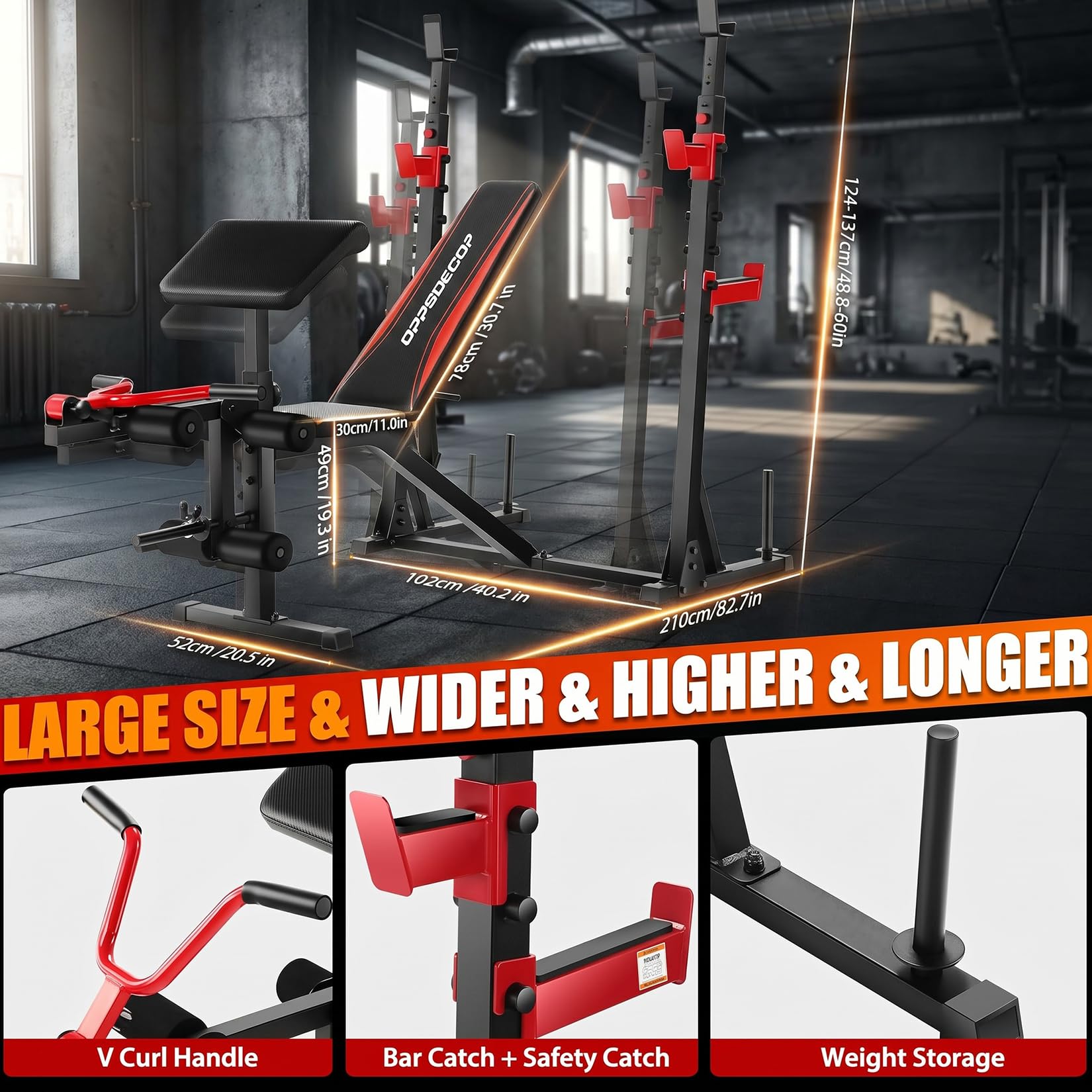 OPPSDECOR 3.0 Pro Weight Bench Set for Home Gym, ASTM-Certified 900 LBS Bench Press Set with Leg Extension, Preacher Curl Pad, Barbell Rack, J-Hooks and Safety Bar Catches for Full Body Workout