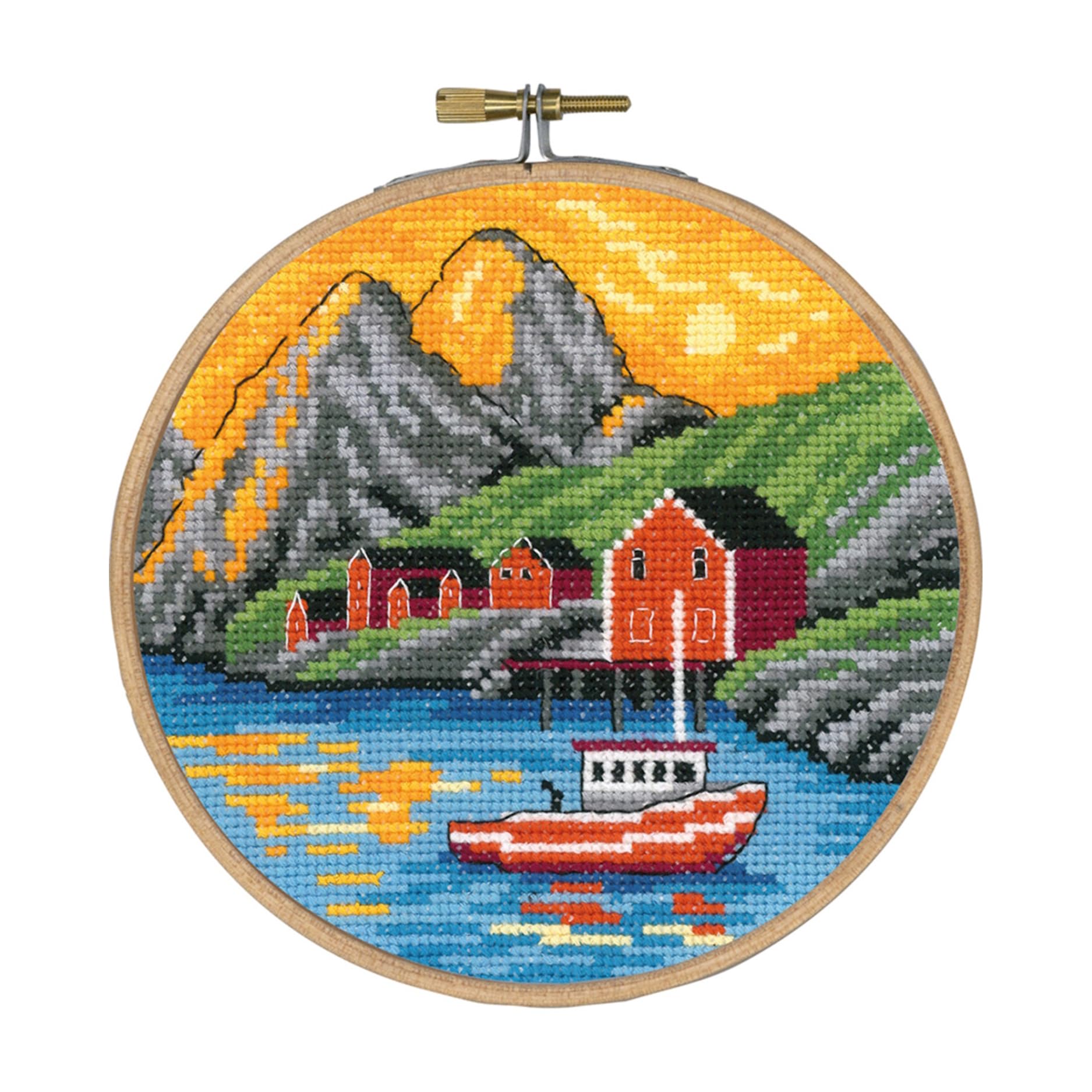 Permin Counted Cross Stitch Kit with Hoop - Midnight Sun at Lofoten
