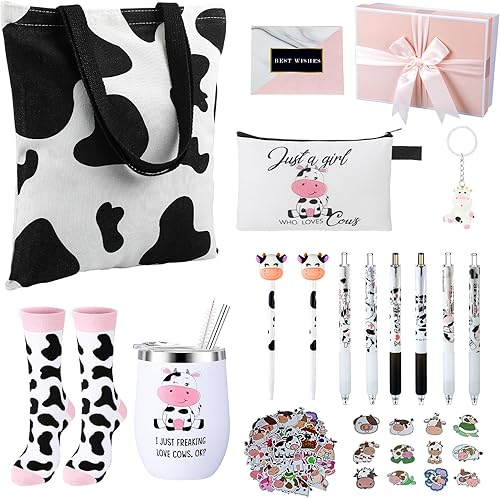 Juego de 66 piezas de regalo de vaca, bolsas de mano de vaca, bolsa de cosméticos de 20 onzas, vaso de acero inoxidable con estampado de vaca,