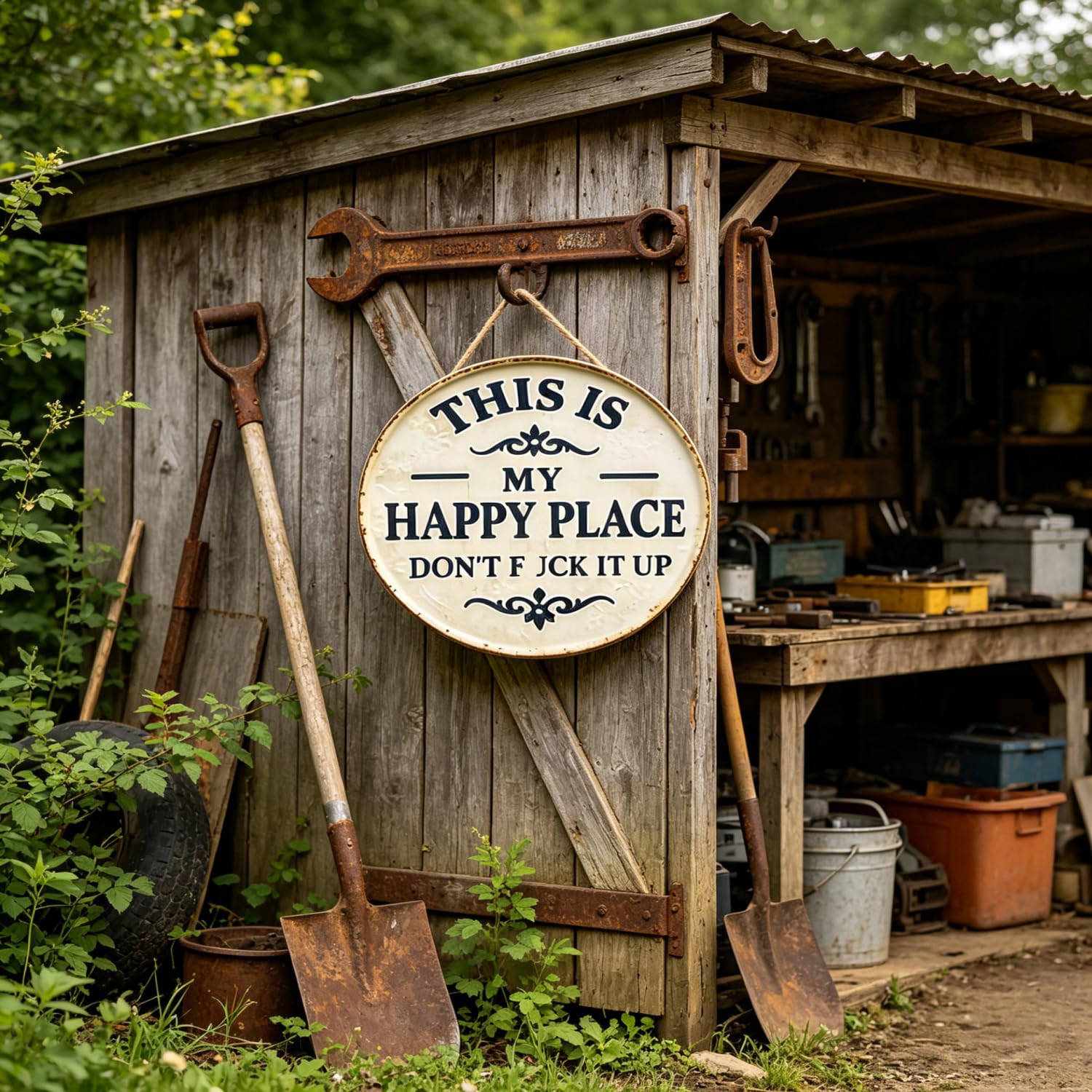 This is My Happy Place Sign,“This is My Happy Place Don’t FXXK It Up” Round Garden Wall Decor,Funny Garden Metal Sign,Outdoor Terrace Hanging Sign,for Front Door (Large(16 inch)) — view 5