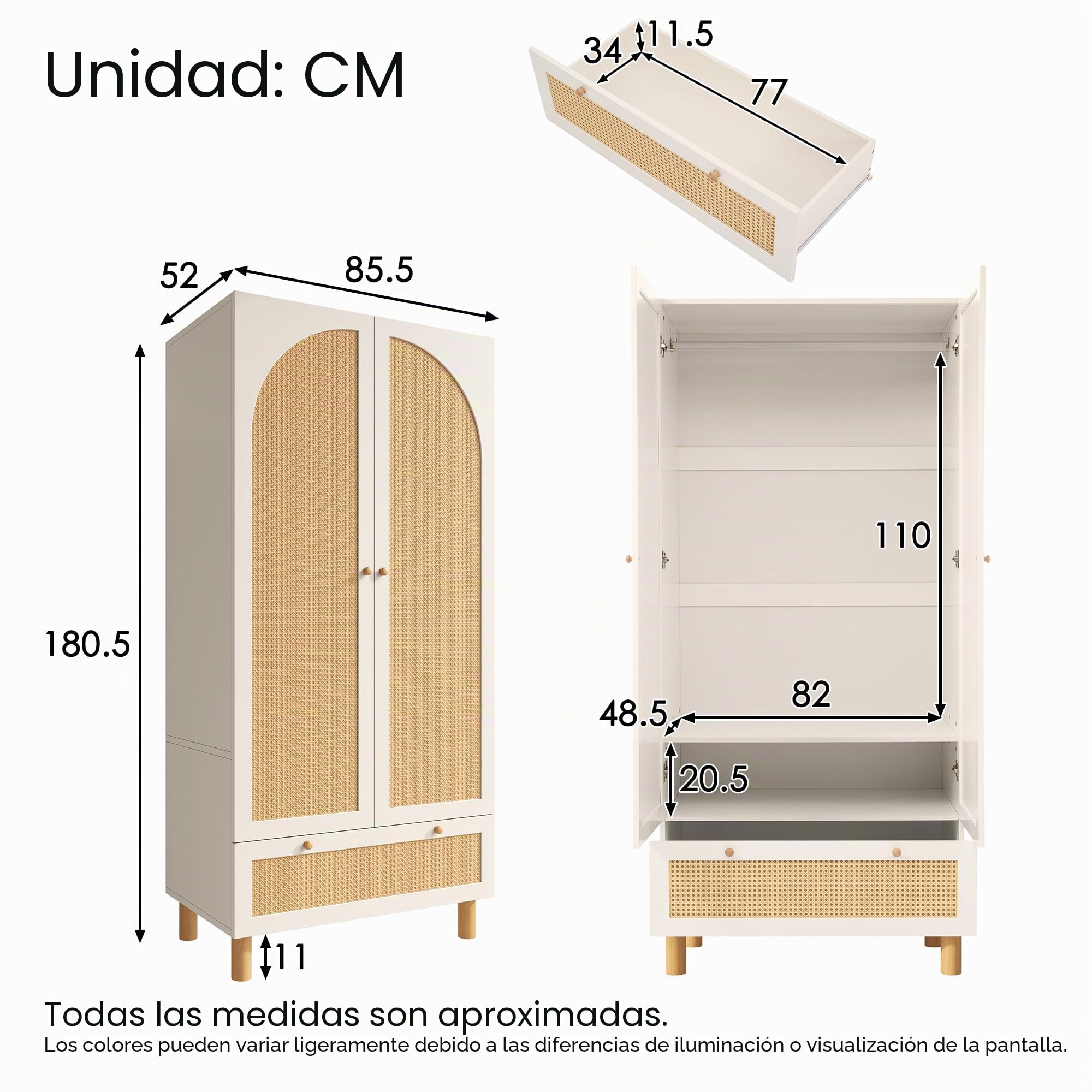 Armario con 2 puertas y ratán, estilo rústico, color blanco, con cajón grande, estantes ajustables en altura y barra para ropa, incluye protección antivuelco, 180 x 85 x 52 cm (alto x ancho