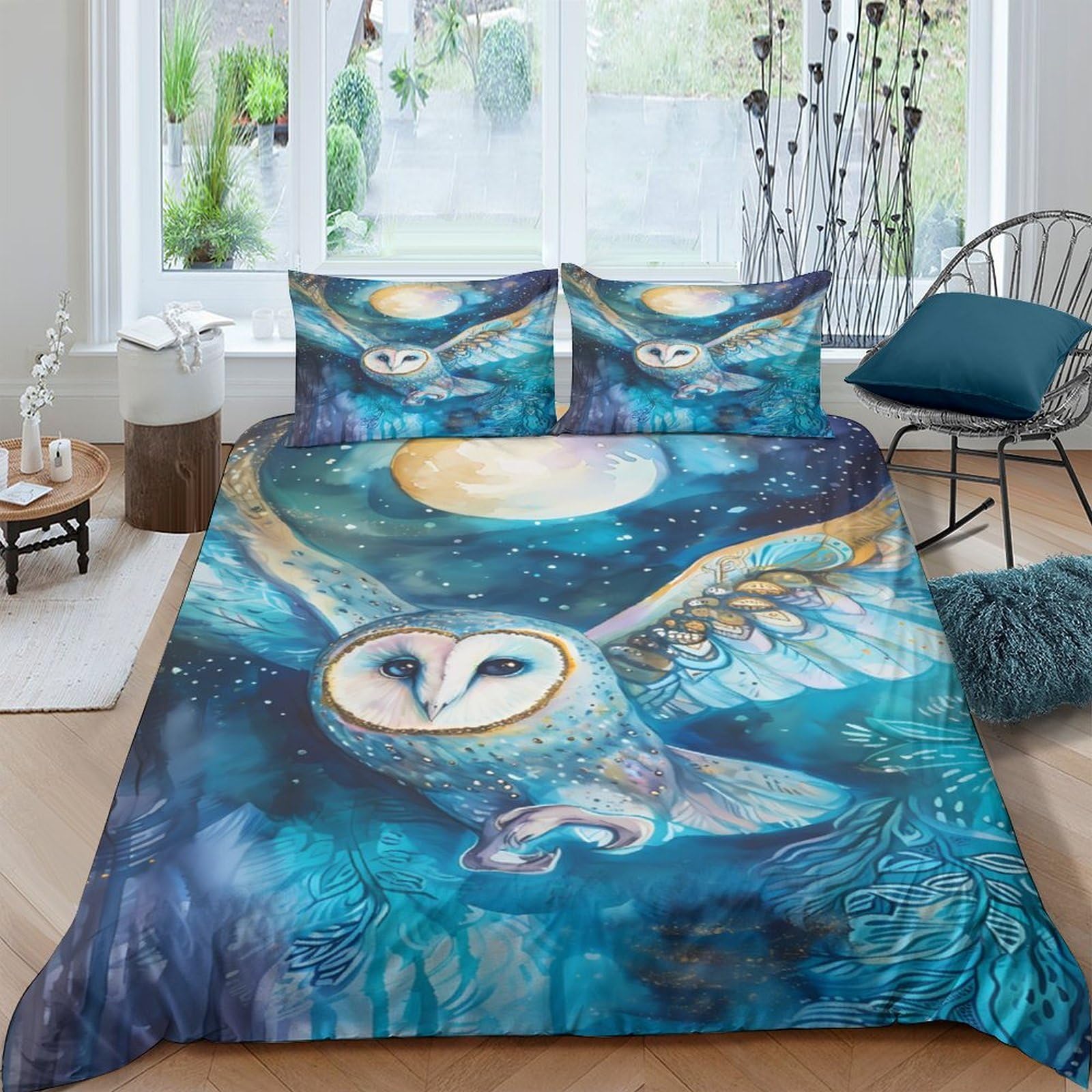 Ctjqhvkz Style-6 3D Printed Night Owl Fitted Sheet Microfiber Soft Blue Moon Forest Mattress Cover Bedroom Decor Protection Single（135X200cm）