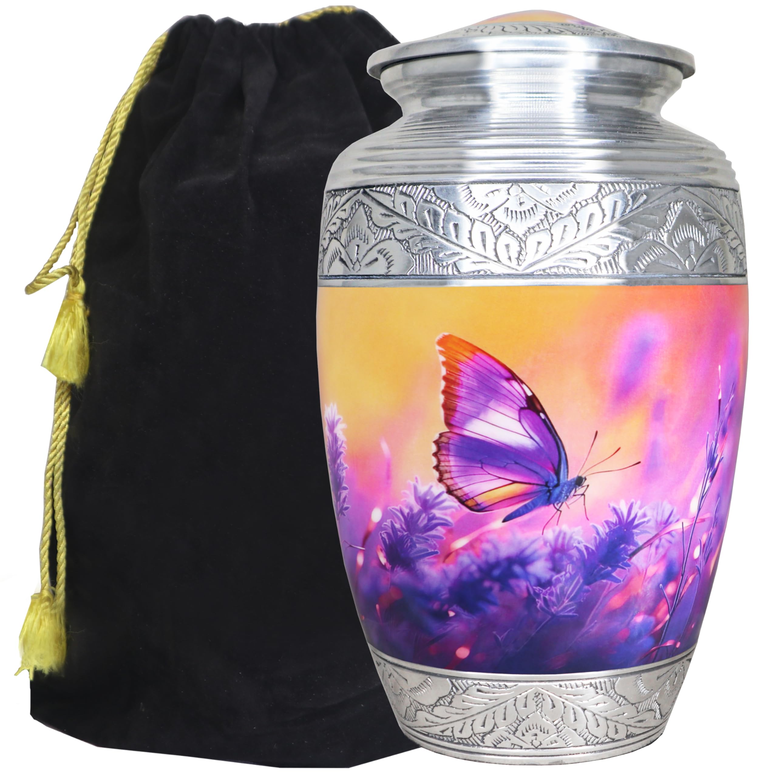 M MEILINXU Cremation Urns for Human Ashes Adult Female & Male, Funeral Urn for Ashes for Women & Man, Purple Butterflies Urns, Decorative Cremation Container, Burial, Lavender and Butterfly - Large