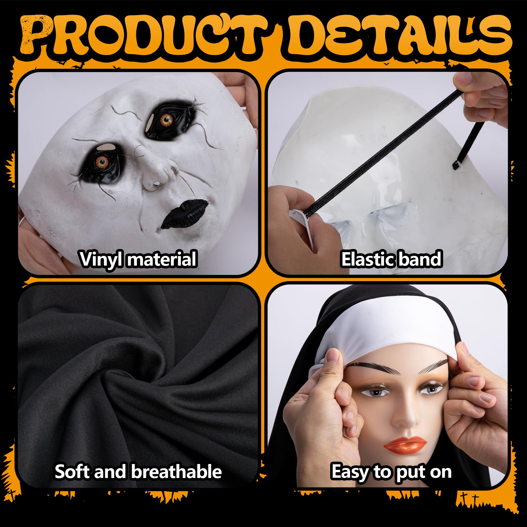 Purple Star 2Set Halloween Nun Mask Full Head, 8Pcs Scary Nun Mask With Headscarf - Image 3
