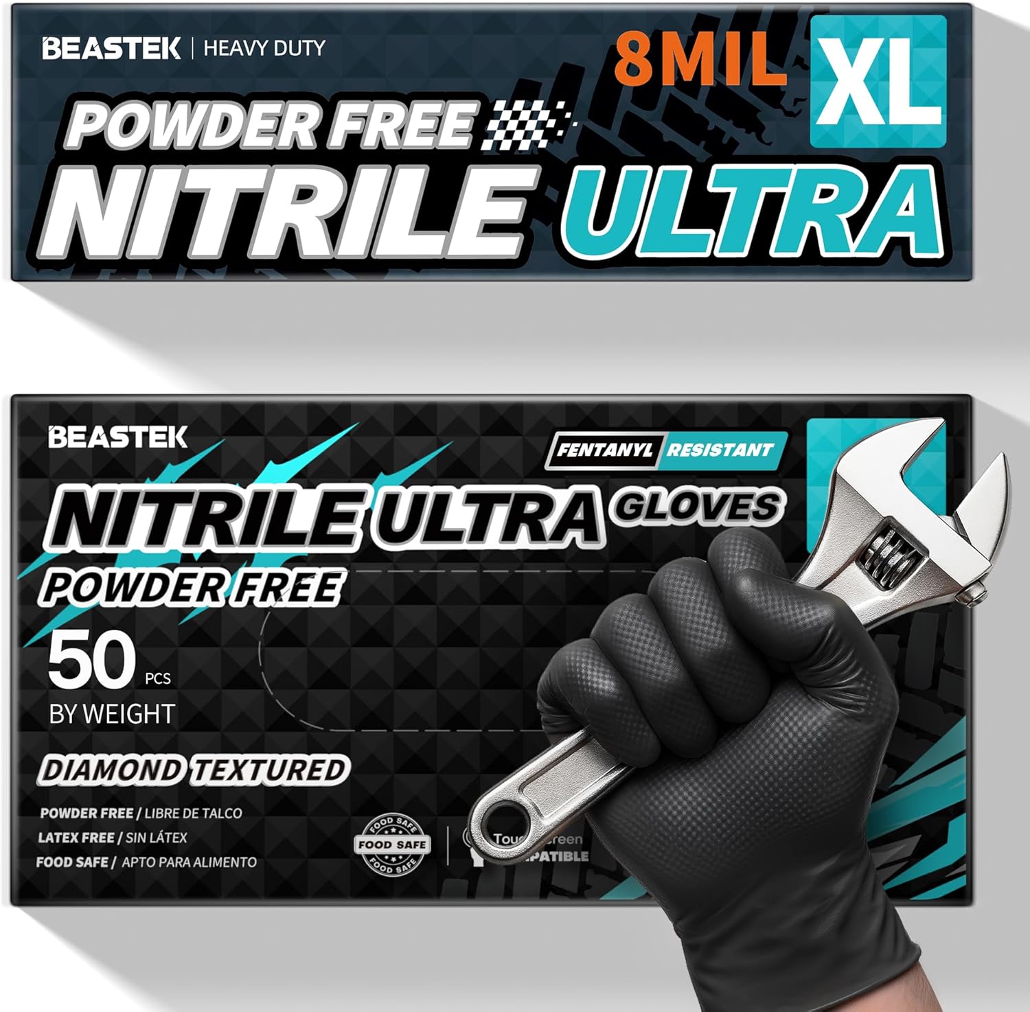 Beastek Nitrile Disposable Gloves, 8Mil Latex & Powder Free Chemical Resistant Heavy Duty Food Safe Diamond Glove Black 50Pcs