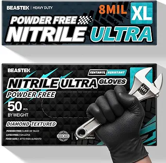 Beastek Nitrile Disposable Gloves, 8Mil Heavy Duty, Powder-Free, Chemical Resistant, Food Safe, Black, 50 Pcs