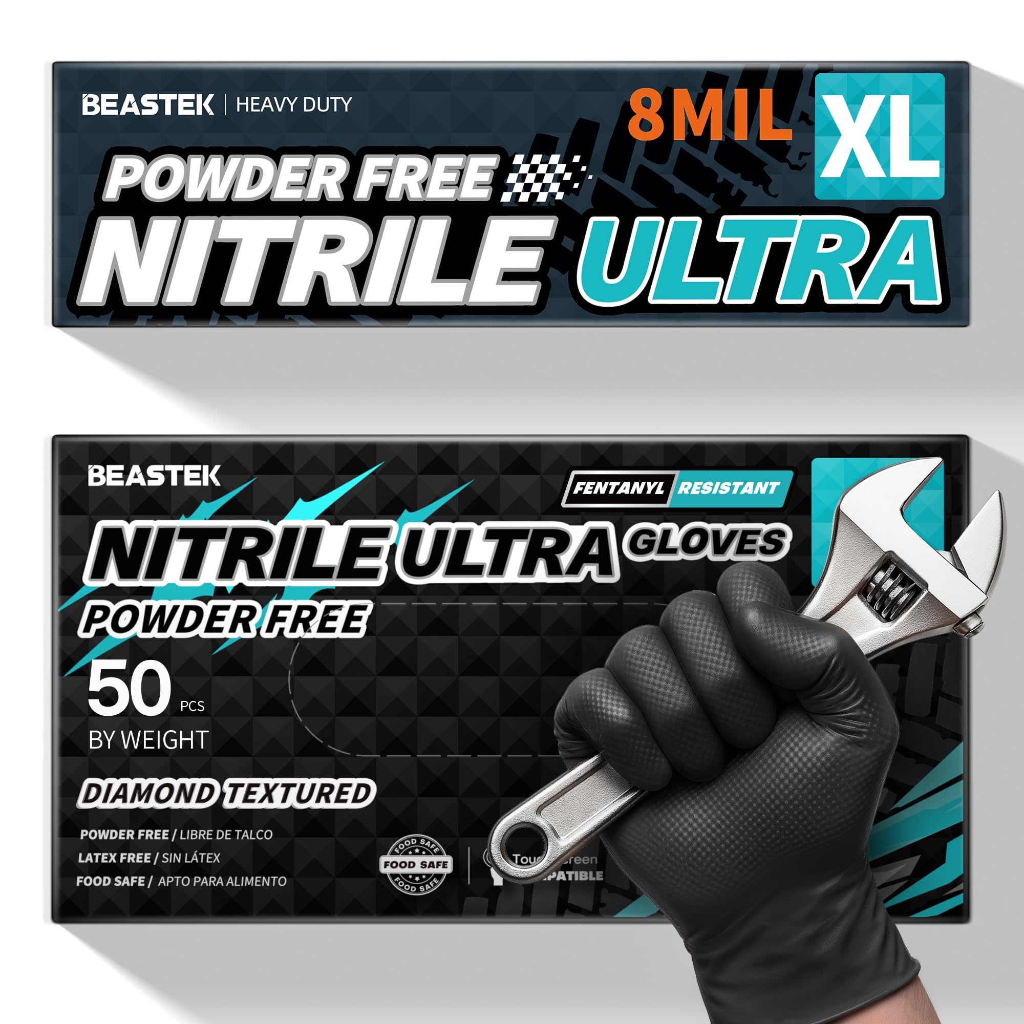 Beastek Guanti monouso in nitrile, senza polvere, senza lattice, resistenti agli agenti chimici, resistenti alle sollecitazioni, per uso alimentare, neri, 50 pezzi (X-Large)