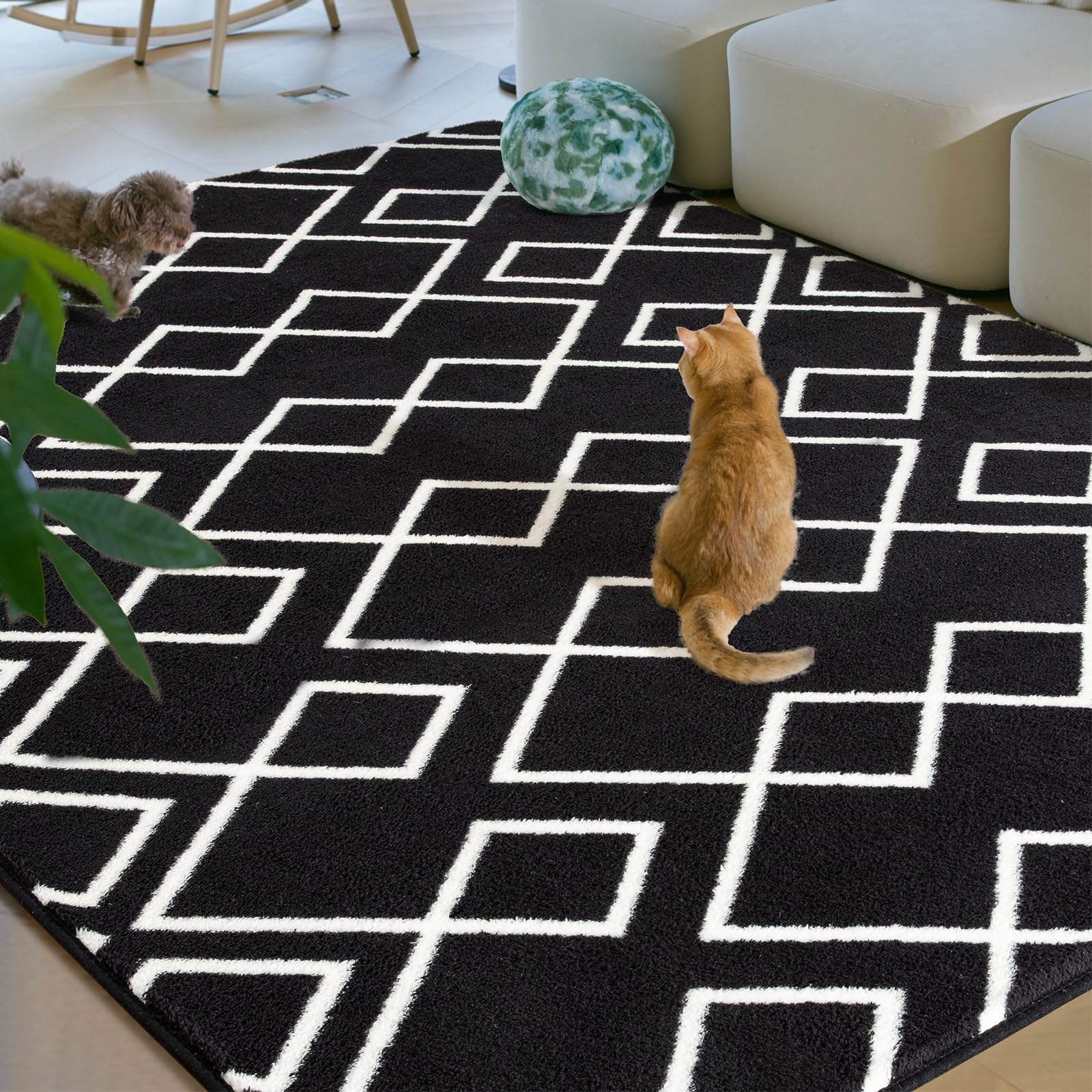 Fosirug Geometric Modern Area Rug for Bedroom, 5x7 Feet Black Shag Rug for Living Room, Fluffy Moroccan Rug with Memory Foam Carpet Room Decor for Home Bedside Girls Kids Nursery Play Mat