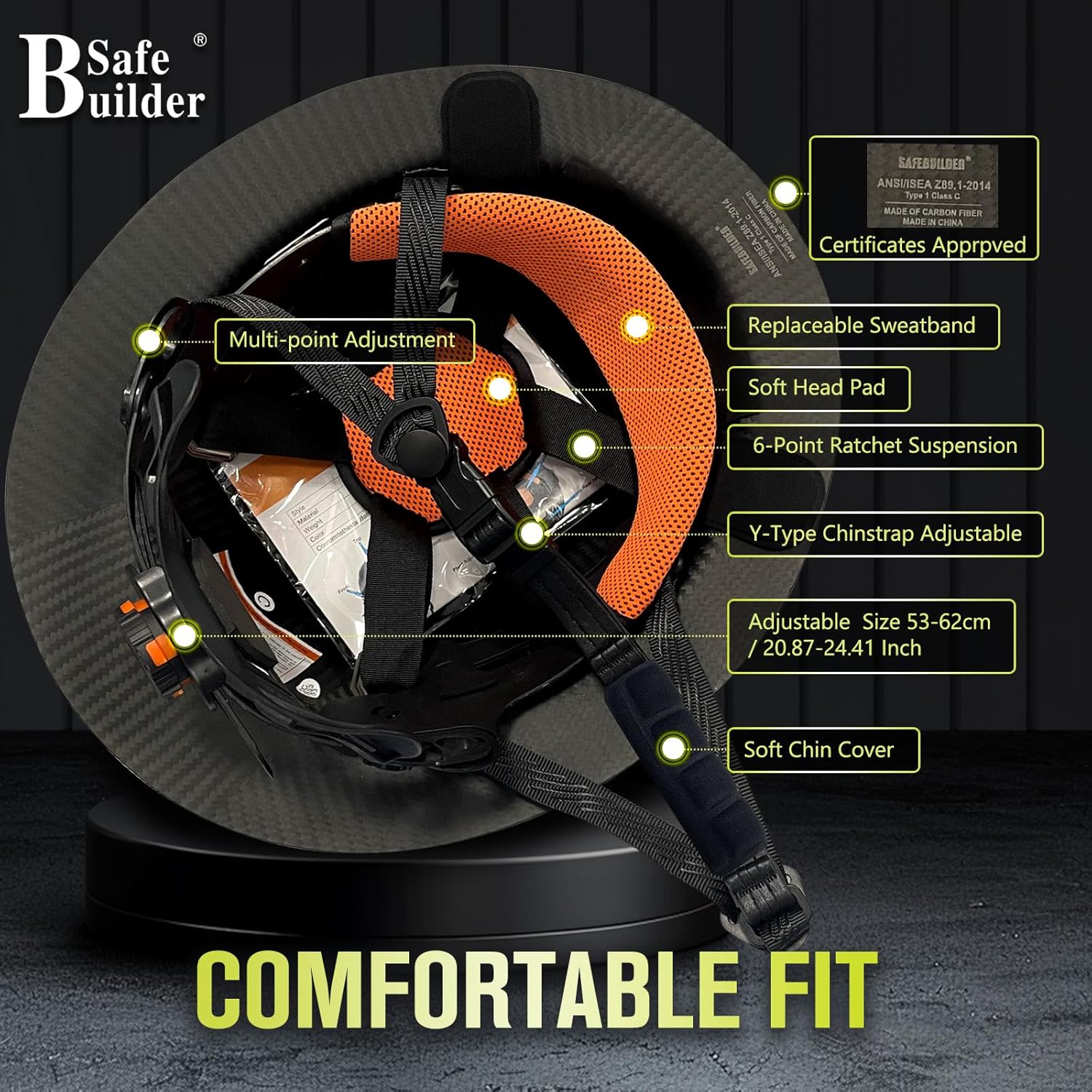 Carbon Fiber Full Brim Hard Hats Made of Carbon Fiber Safety Helmet 6-Point Suspension ANSI Certified for Construction, Industrial, Outdoor Work