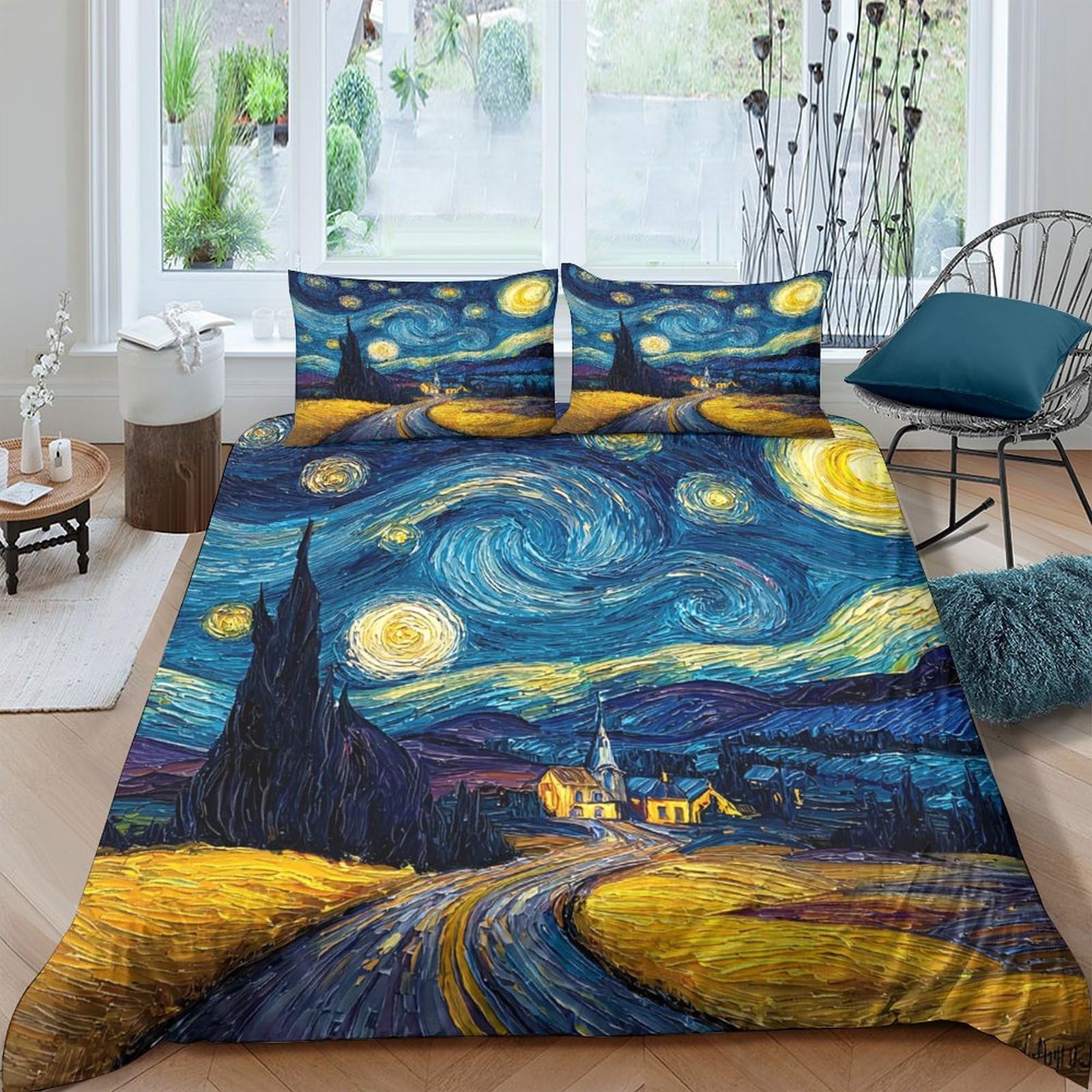 Ctjqhvkz Style-9 3D Printed Starry Night Fitted Sheet Microfiber Soft Artistic Bedroom Yellow Blue Mattress Cover Decor Single（135X200cm）