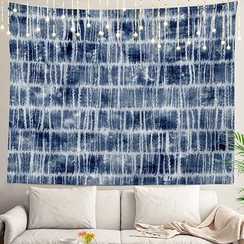 Shrahala Tapiz de pared de cuadros abstractos azul marino, diseño de cuadrícula artística para colgar en la pared, tapiz grande decorativo de fibra