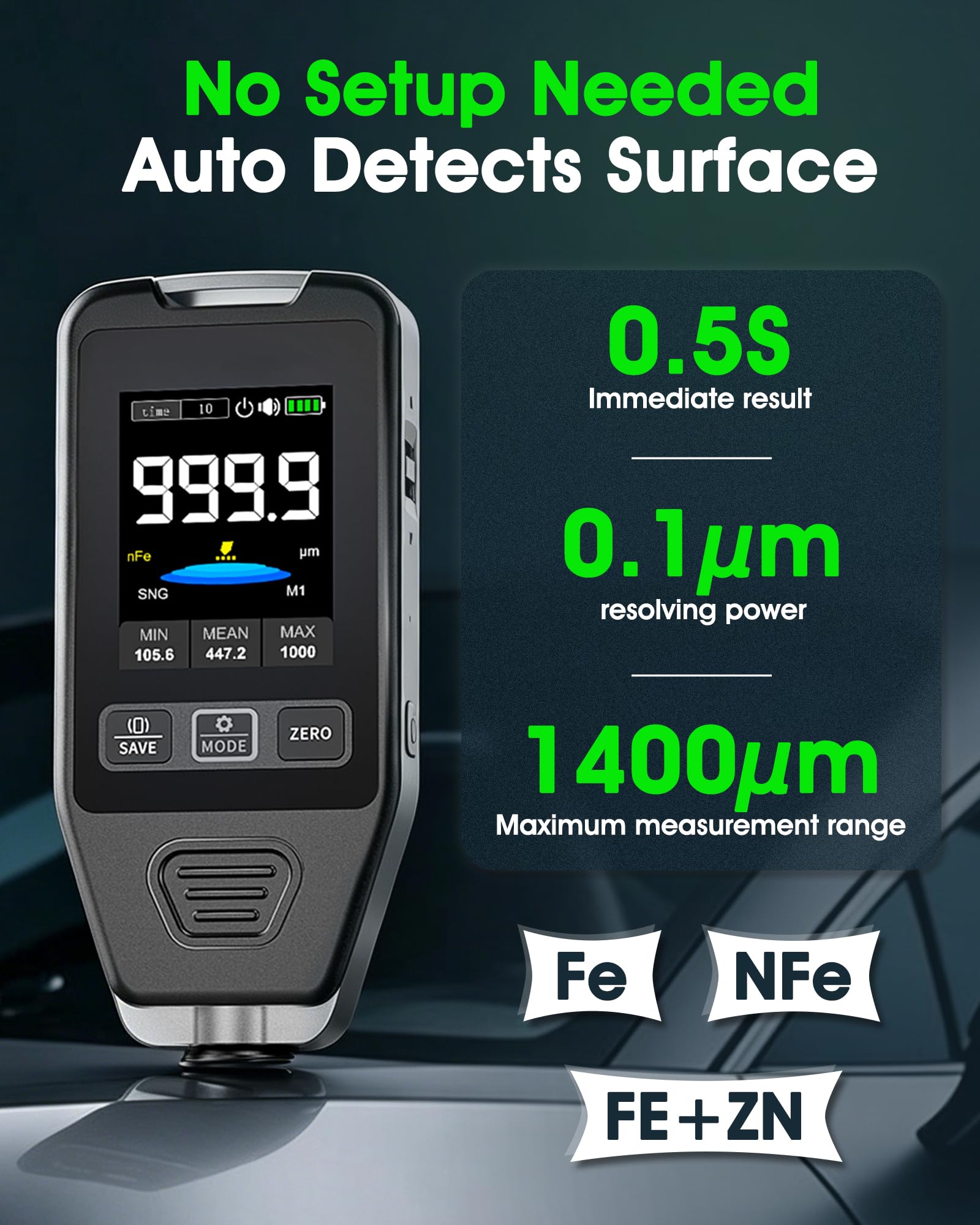 Misuratore di Spessore Rivestimenti, Spessimetro Vernice Auto 0–1400μm, Tester Vernice Digitale per Auto, Rilevamento Automatico Metalli Ferrosi/Non Ferrosi, Ricaricabile USB-C