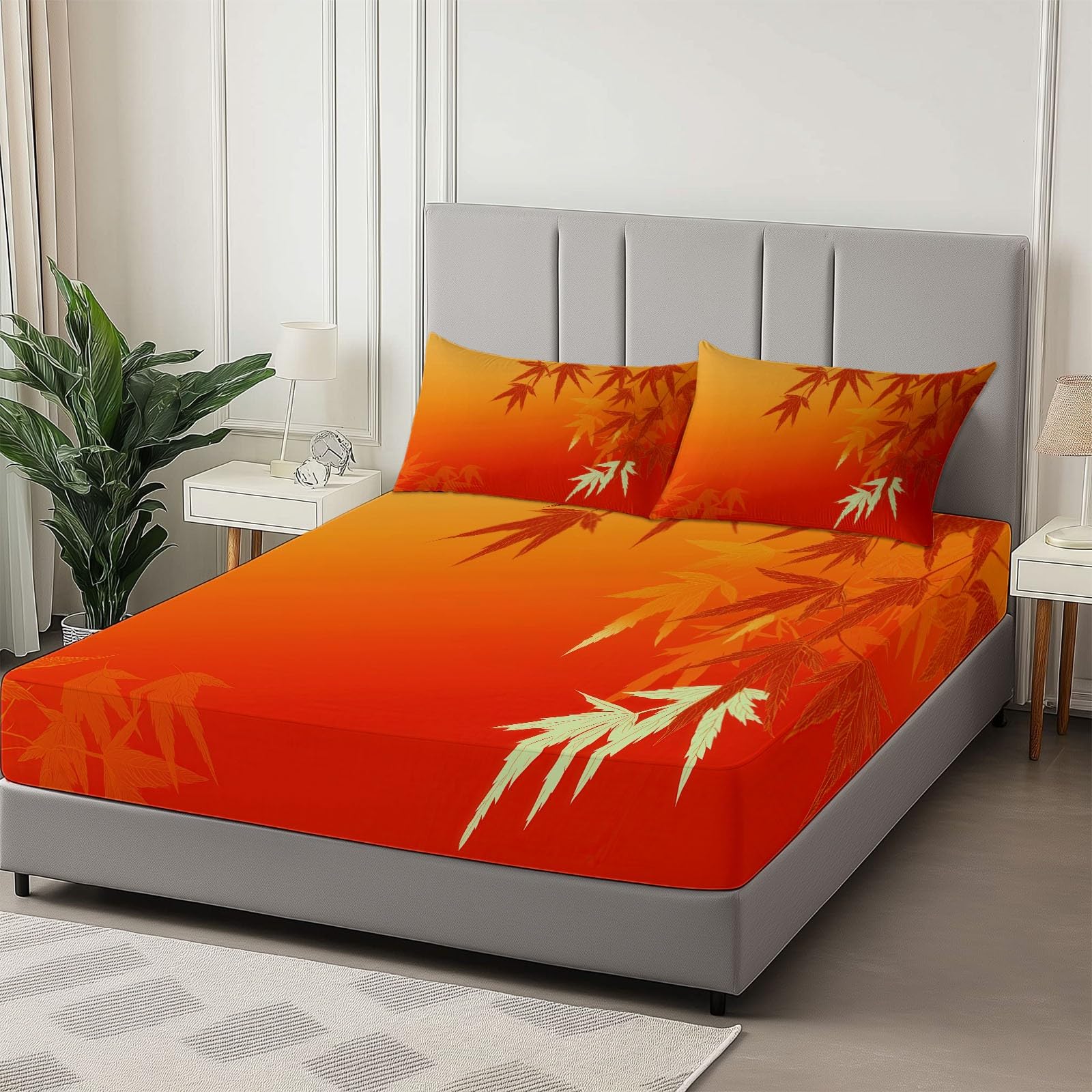 Couleur Orange Drap Housse 180 x 200 cm Microfibre Brossée, Bambou dans l'art Traditionnel Chinois avec Rebord Élastique Protège Matelas Amovible, Literie de Chambre, adapté aux Matelas 180x200 cm