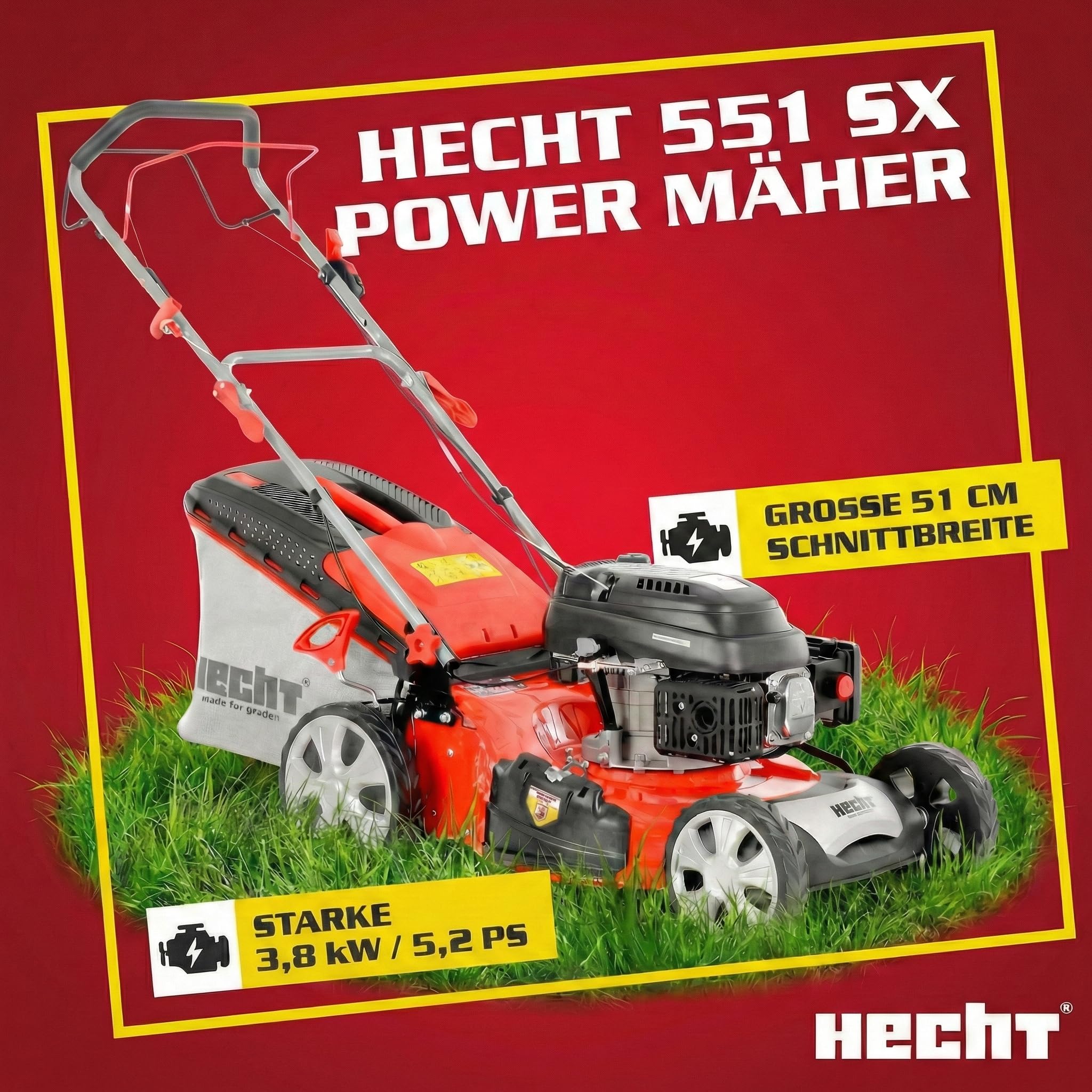 HECHT Benzin Rasenmäher 51 cm mit Antrieb 5,2 PS | 5-in-1 Mulchfunktion, Seitenauswurf, 70L Fangkorb, Benziner für Gärten bis 1500 m²