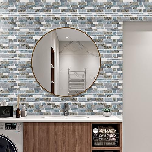 Miniatura 6 de STICKGOO 10 hojas de azulejos decorativos autoadhesivos para salpicaduras de cocina, azulejos decorativos (azul claro y marrón granito, diseño más