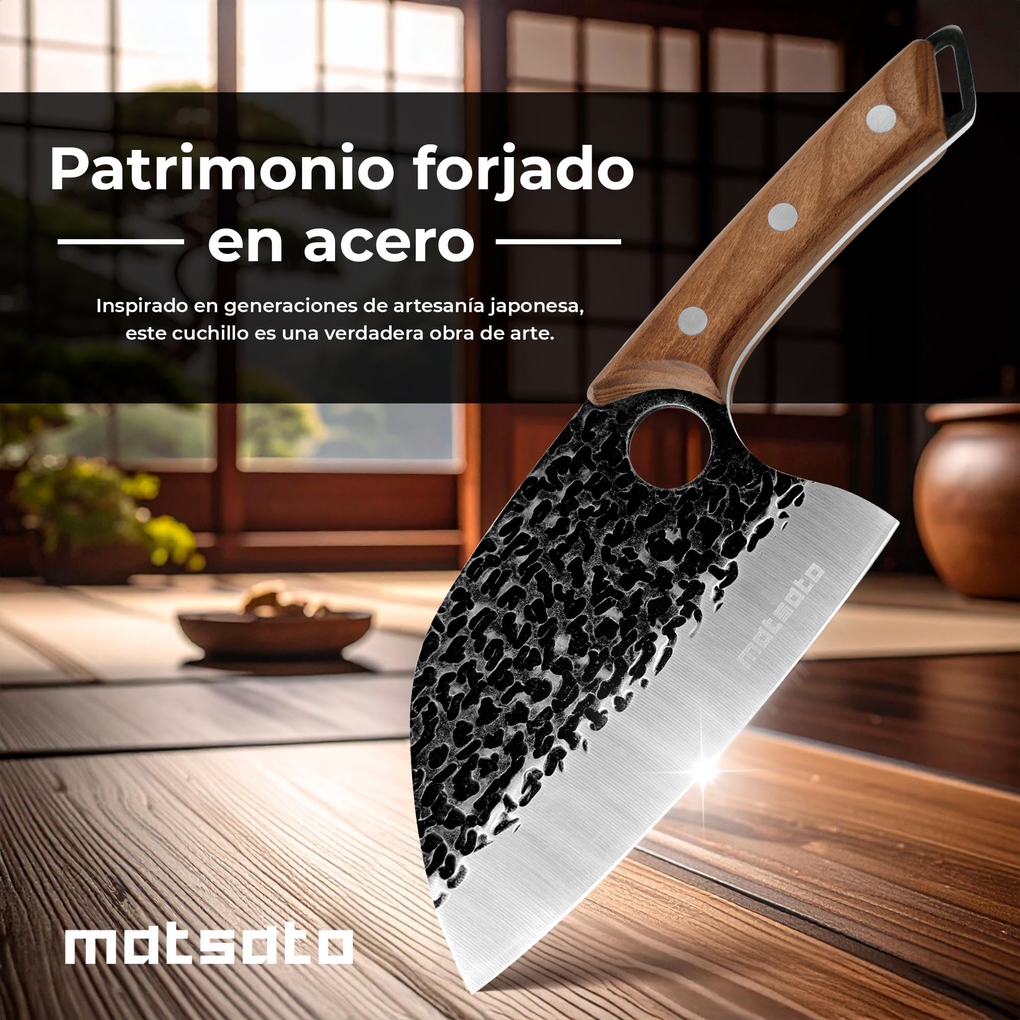 Matsato Juego 3 Cuchillos de Cocina Profesionales Mango Madera | Cuchillo chef, cuchillo para carne y cuchillo universal. Mango ergonómico de madera.