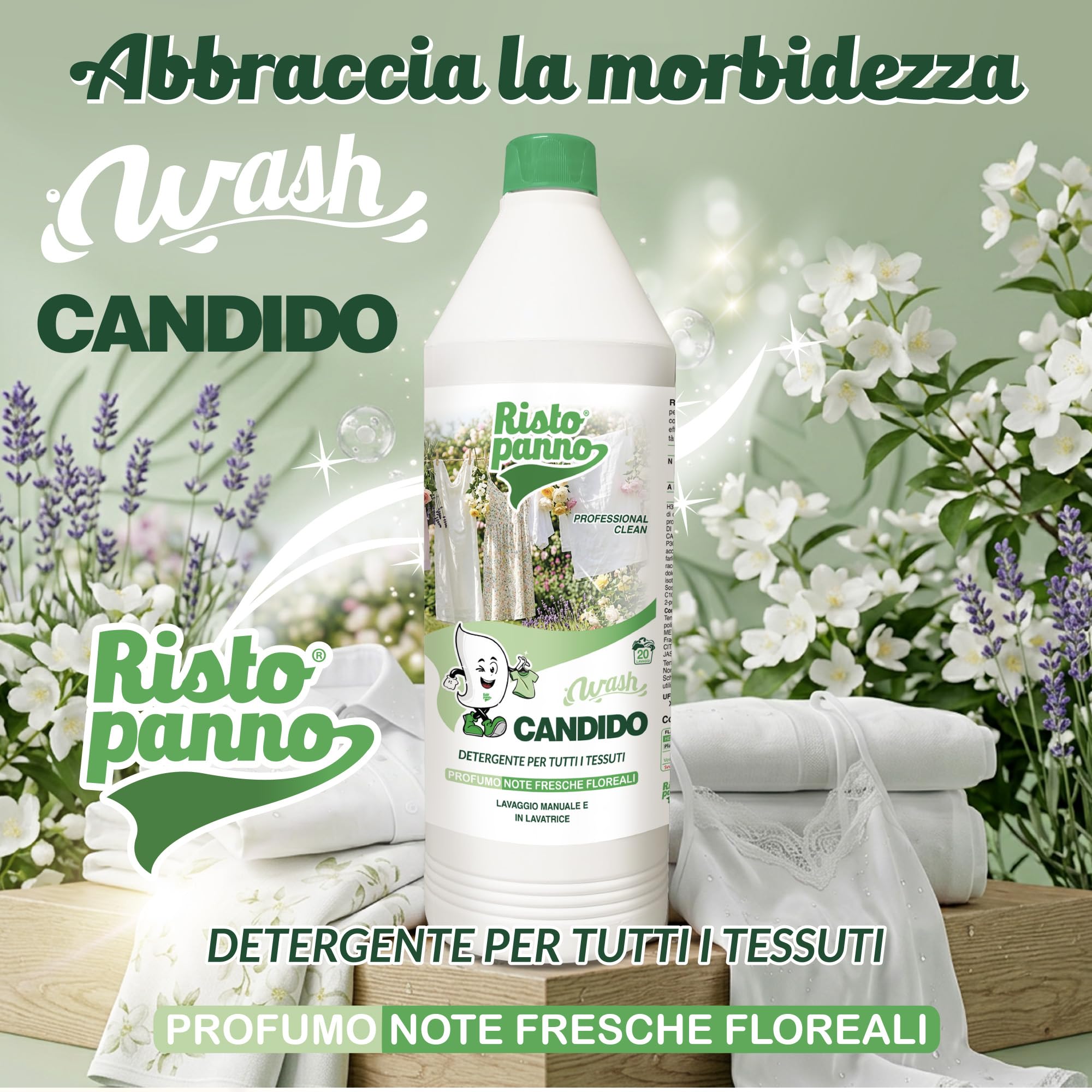 6 PZ x 1L Detergente Enzimatico Concentrato per Bianchi e Colorati - Fragranza Floreale - Detersivo Lavatrice Liquido Bucato a Mano e Lavatrice - Azione Sinergica 4 Enzimi (WASH CANDIDO)