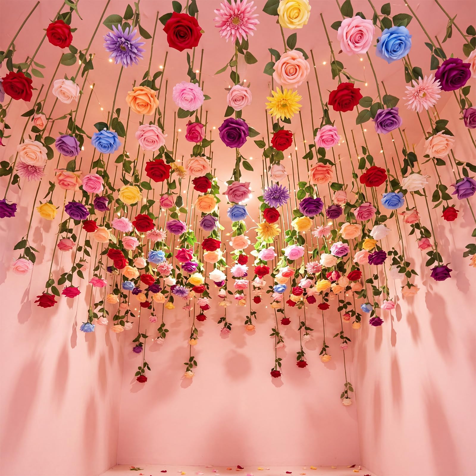 Photo 1 of Lyrow 120 Pack Artificial Flower Hanging Flowers Ornament Floating Garland Ceiling Strings for Wedding Anniversary Engagement Marriage Proposal Floral Birthday Party Decor (Rose,Colorful)