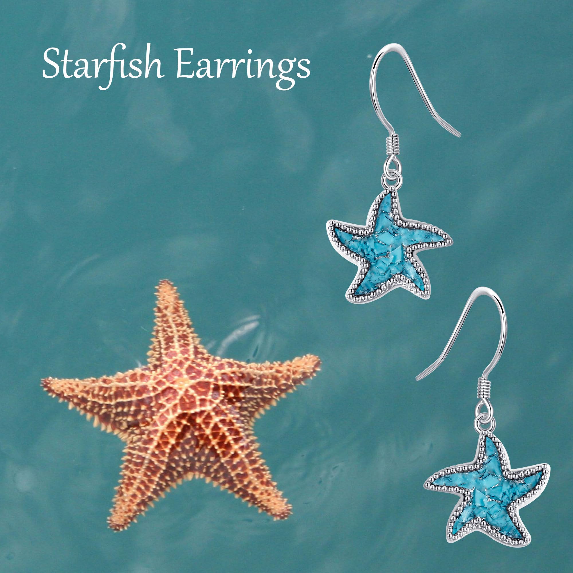Pendientes de estrella de mar de plata de ley 925 turquesa con diseño de pez marítimo playa pendientes de playa joyas regalos para mujeres niñas estrella de mar océano regalo, Turquesa