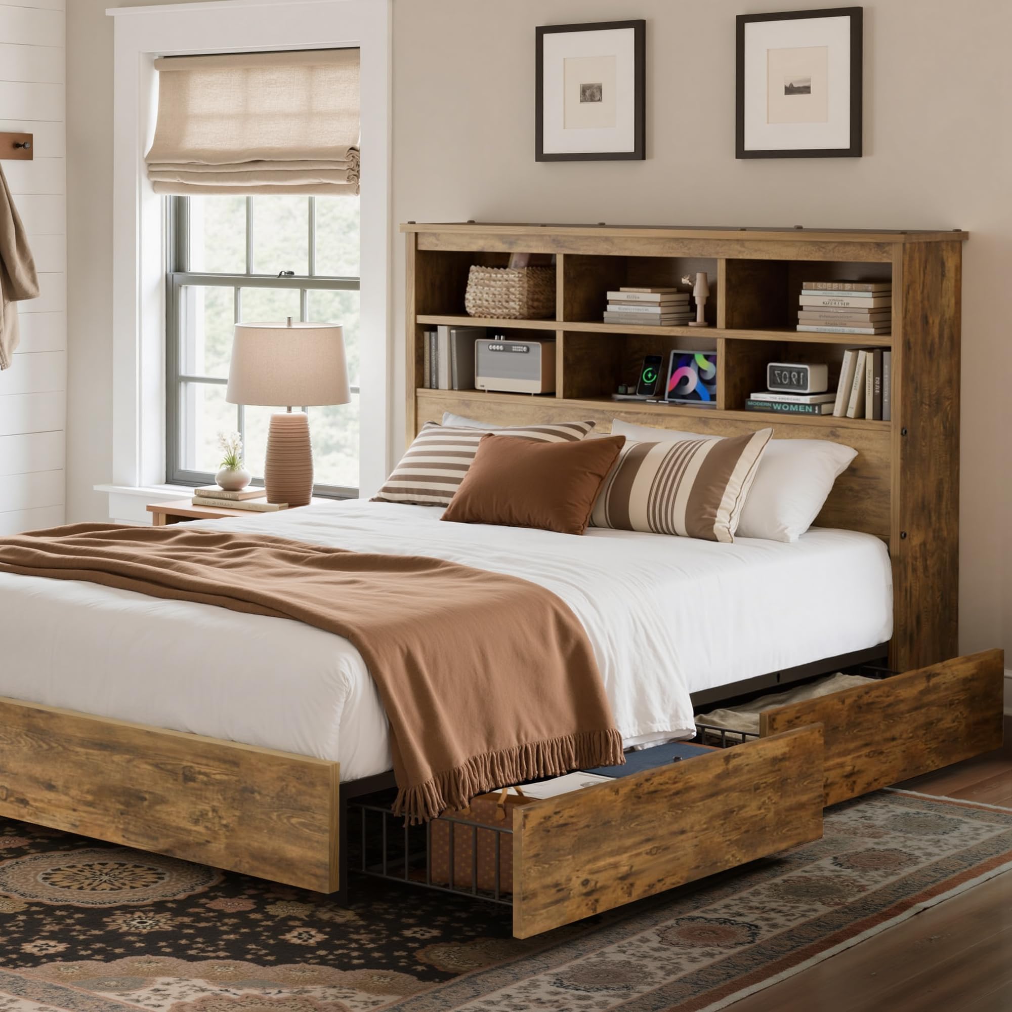 VECELO 4FT6 Double Bed Frame with Storage, 135 × 190 cm Heavy-Duty Platform Bed with Charging Station, Bookcase Headboard and 4 Underbed Drawers, Steel Slat Support, No Box Spring Needed