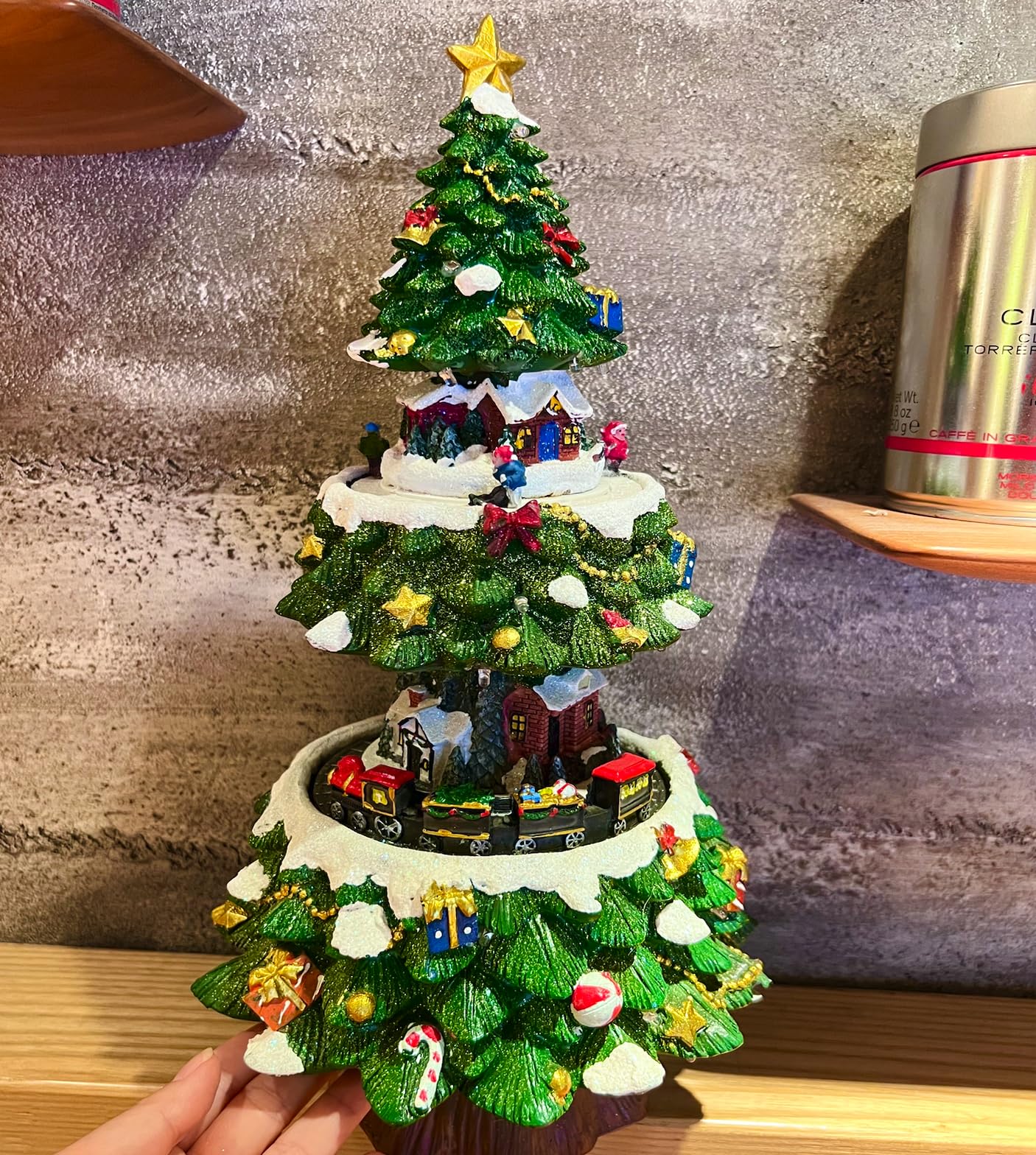 CoPlanaire Large Christmas Village Tree Decoration with Skating Rink, Rotating Train, 3 Moving Skaters, Colorful LED Light Village Musical Christmas Indoor Display