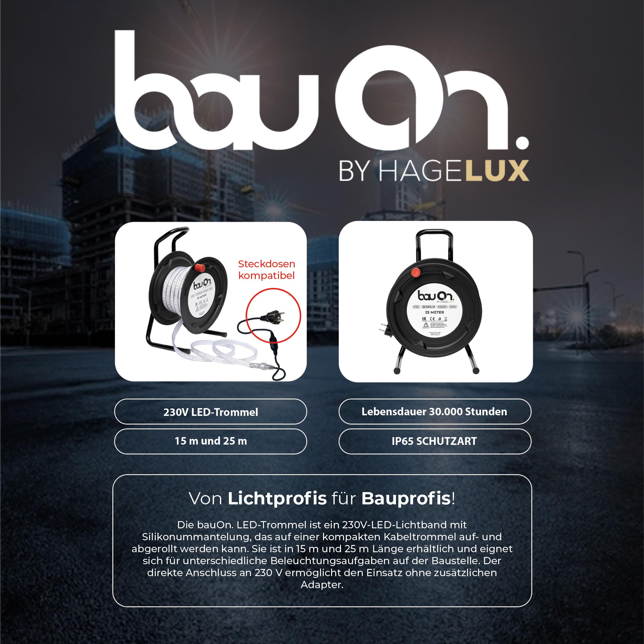 BauOn 15Meter LED Baustellenbeleuchtung LED Trommel, 6000k, 19500lm, IP65, 230V, Innen- & Außenbereich, Lichtschlauch auf Trommel, robuste Arbeitsleuchte für Baustelle & Werkstatt