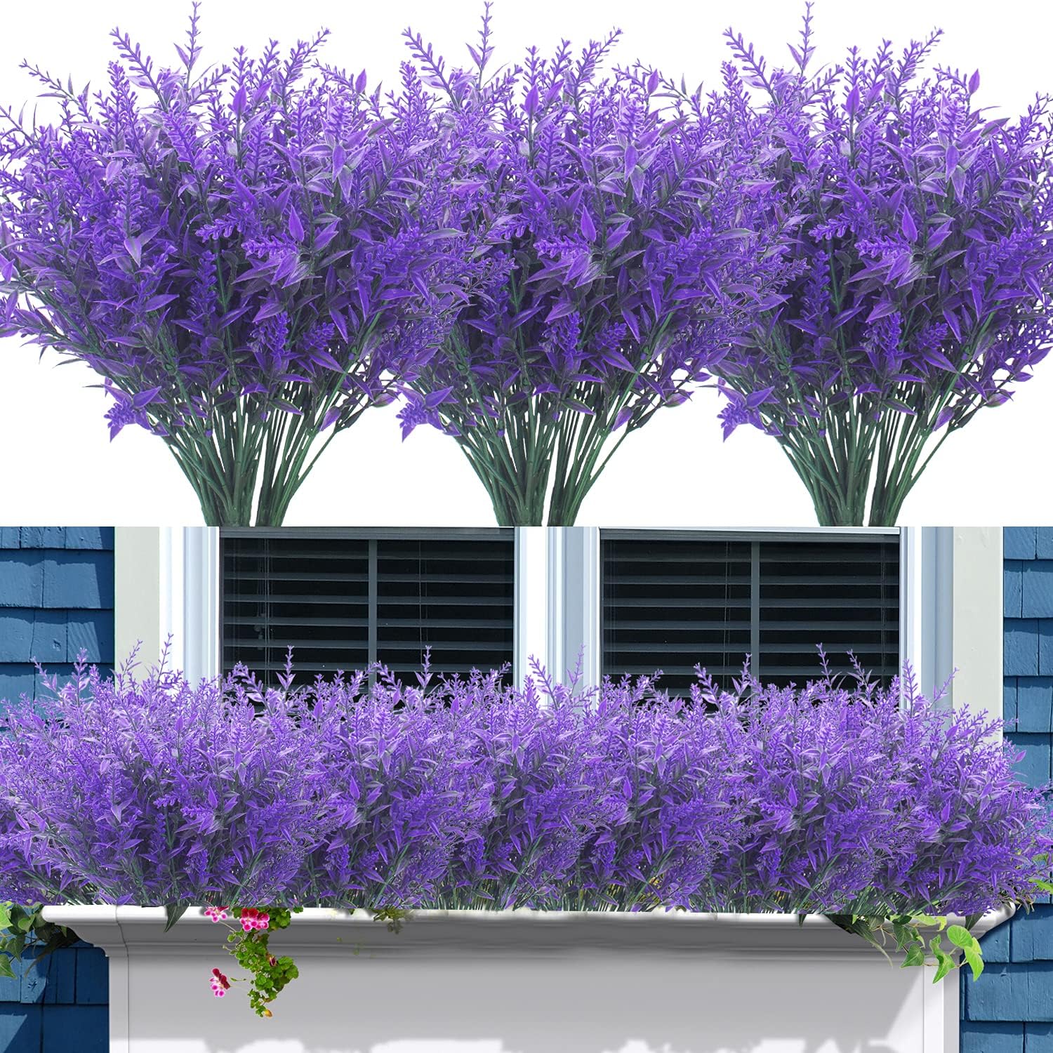 12 Bundles Artificial Lavender Flowers Outdoor Fake Flowers for Decoration UV Resistant No Fade Faux Plastic Plants Garden Porch Window Box Décor (Blue)