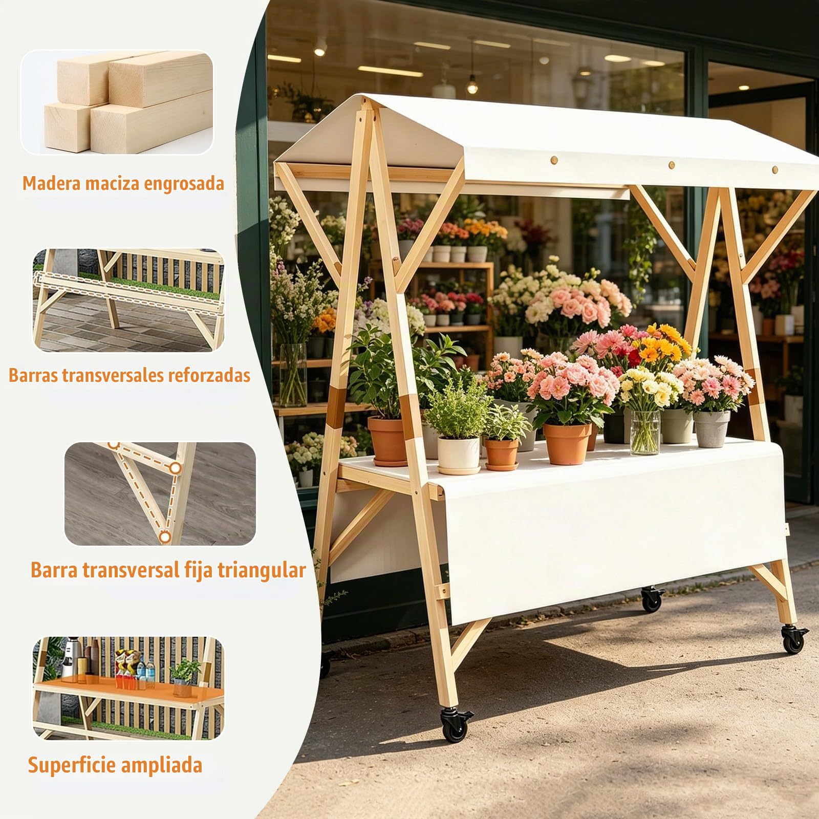 HARELA Genérico Puesto de Mercado con Toldo y Ruedas, Carrito de Comida callejera de Madera, Carro de Venta Ambulante para Perritos Calientes/Salchichas/Pan(White,120cm/47.2in)