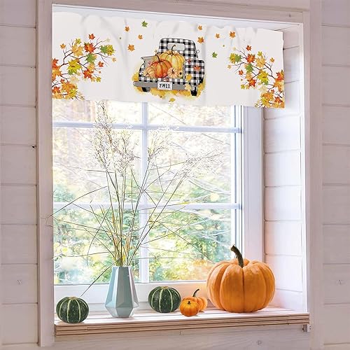 Miniatura 3 de Cenefas de ventana de otoño de Acción de Gracias, cortinas cortas de cocina con bolsillo para barra, cortinas de cenefa de calabaza naranja, hoja de