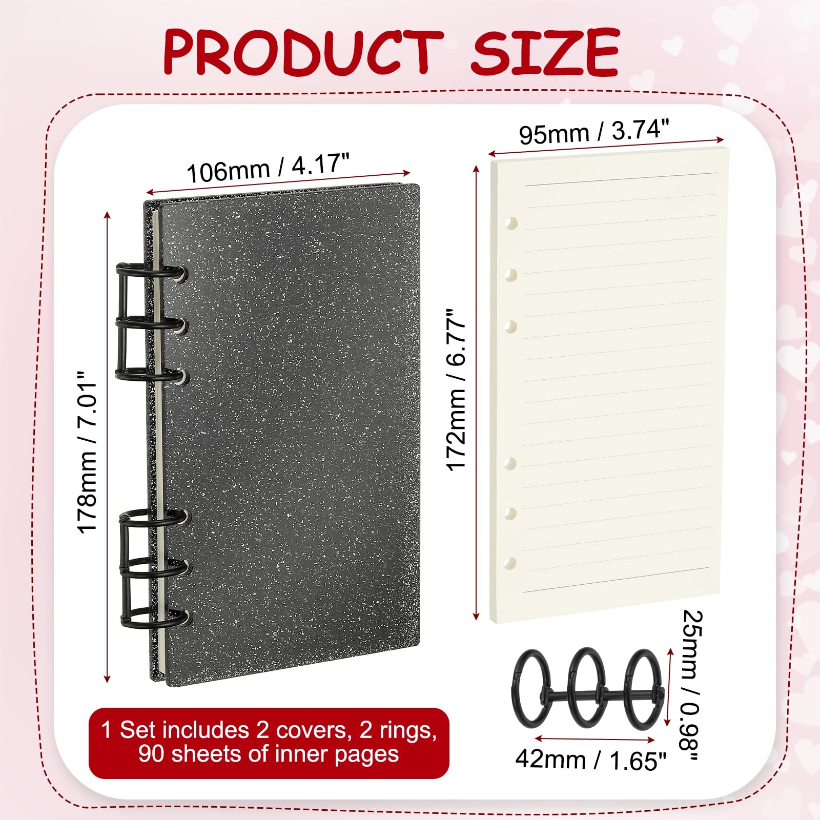 PATIKIL 6 Ring Binder Notebook Cover, A6 Glitter Acrylic Binder Notebook 2 Black Metal Round Rings with 90 Sheets Lined Inner Papers for Travel Office Planner Budget, Black - Image 2