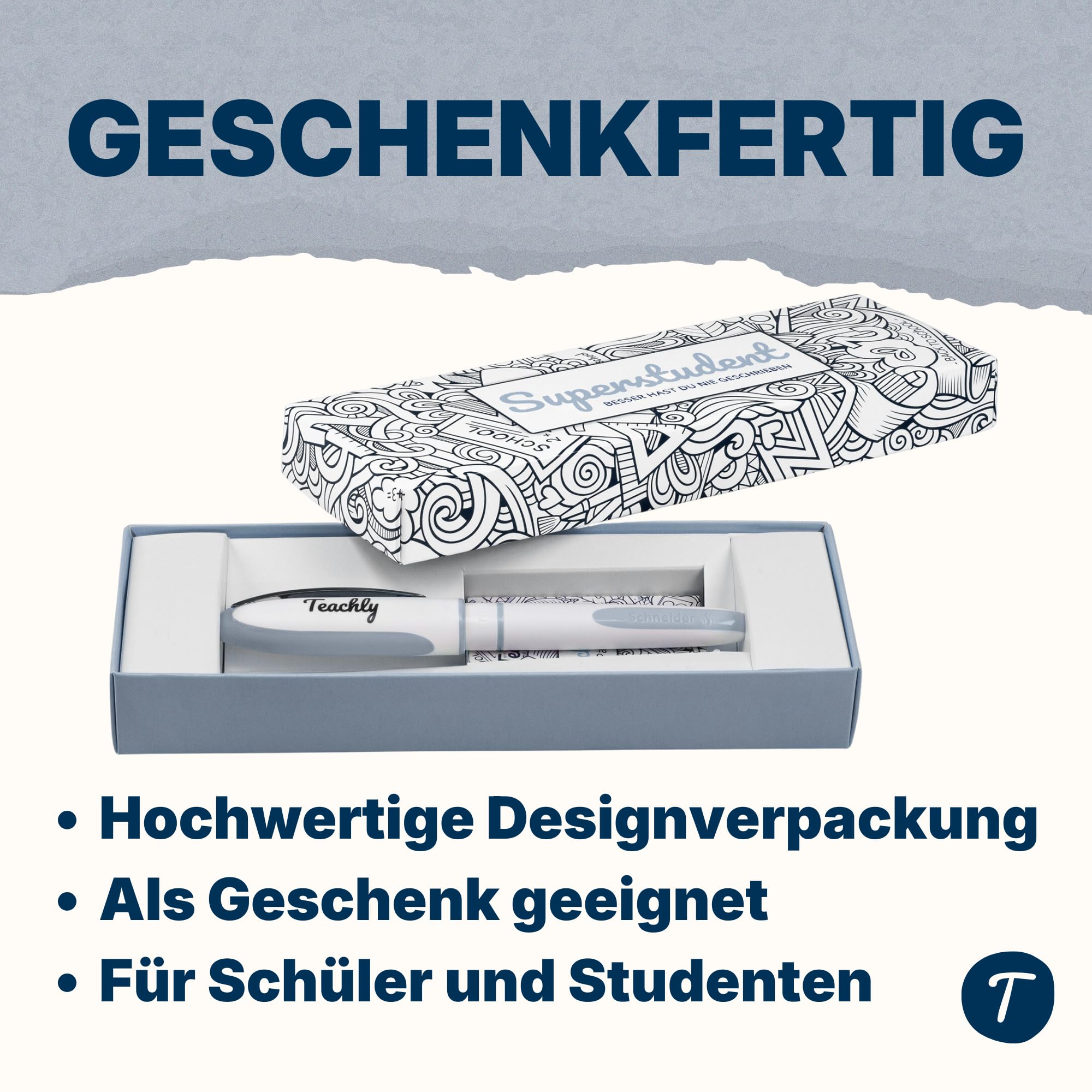 Teachly Tintenroller Superstudent (Anthrazit) - inkl. 7 blauen Patronen | Nachfüllbarer Tintenroller für Schule & Studium - Inkl. Geschenkverpackung