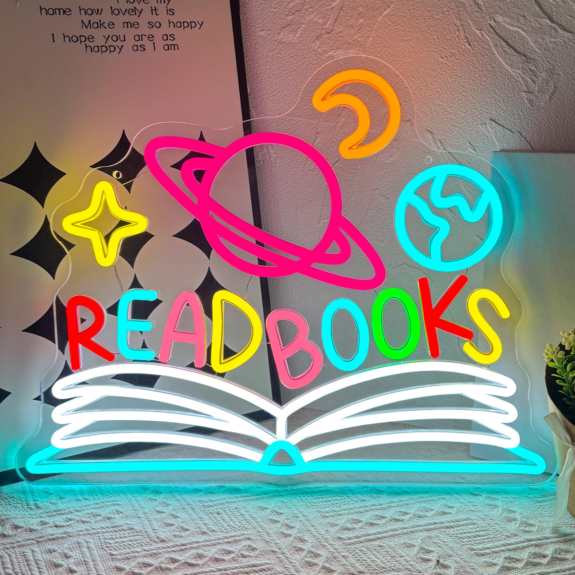 Read Books Neon Sign Dimmable Space Theme Lamp with Planets Stars Moon