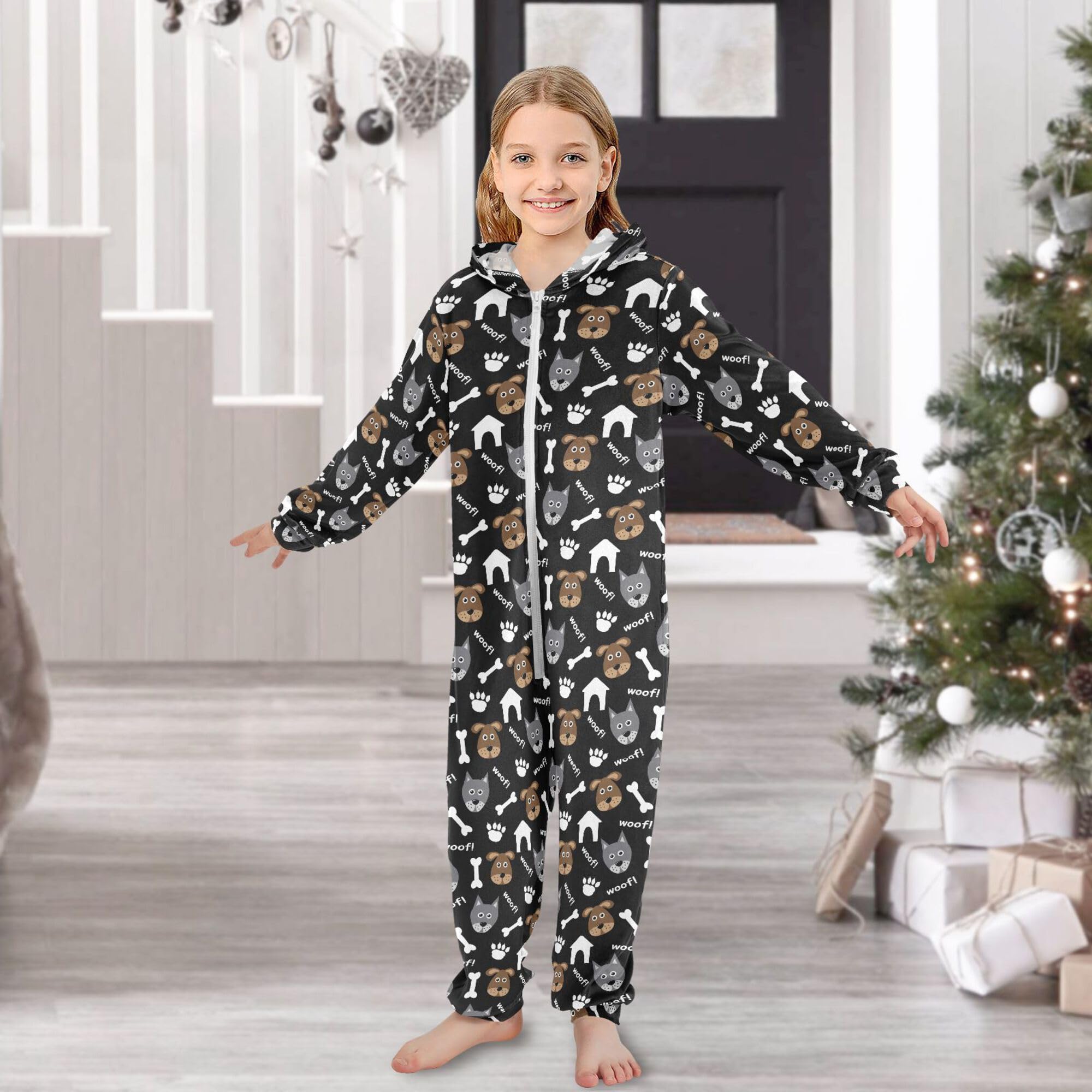 Pigiama intero in flanella con cappuccio e cerniera, tuta coordinata per bambini con cani e ossa, morbida e calda, abbigliamento sportivo per la casa, 5-6T