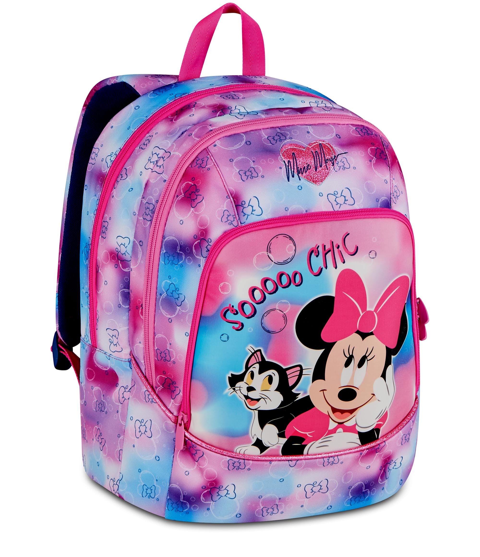 Seven Minnie Mouse Zaino Scuola Doppio Scomparto, Tasca Porta Borraccia, Tasca Porta PC, Spallacci imbottiti, Bambine e Ragazze, rosa/blu