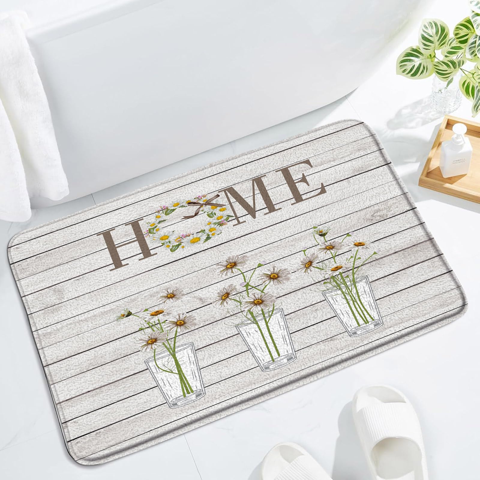Rustic Floral Bath Mat Farm Daisy Flower Farmhouse Sweet Home Western Country Vintage Wooden Plank Bathroom Rug Floor