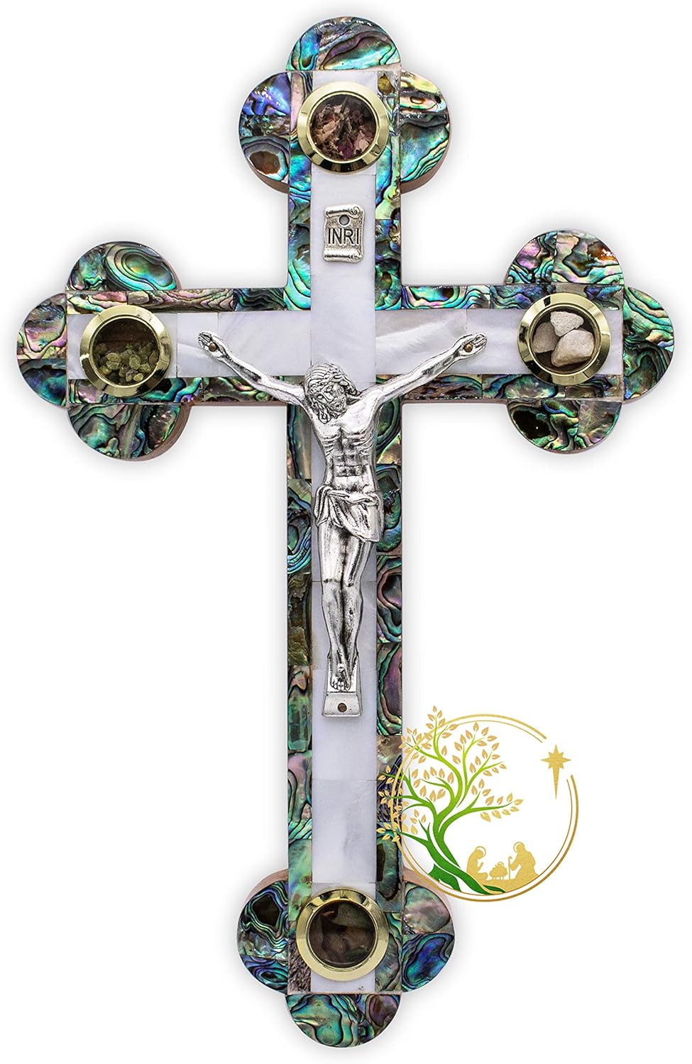Olive Wood Catholic Wall hanging Crucifix covered with Mother of Pearl - Decorative wooden Wall cross with Relics from the Holy Land - Cross Gift for any religious Christian occasion - Large