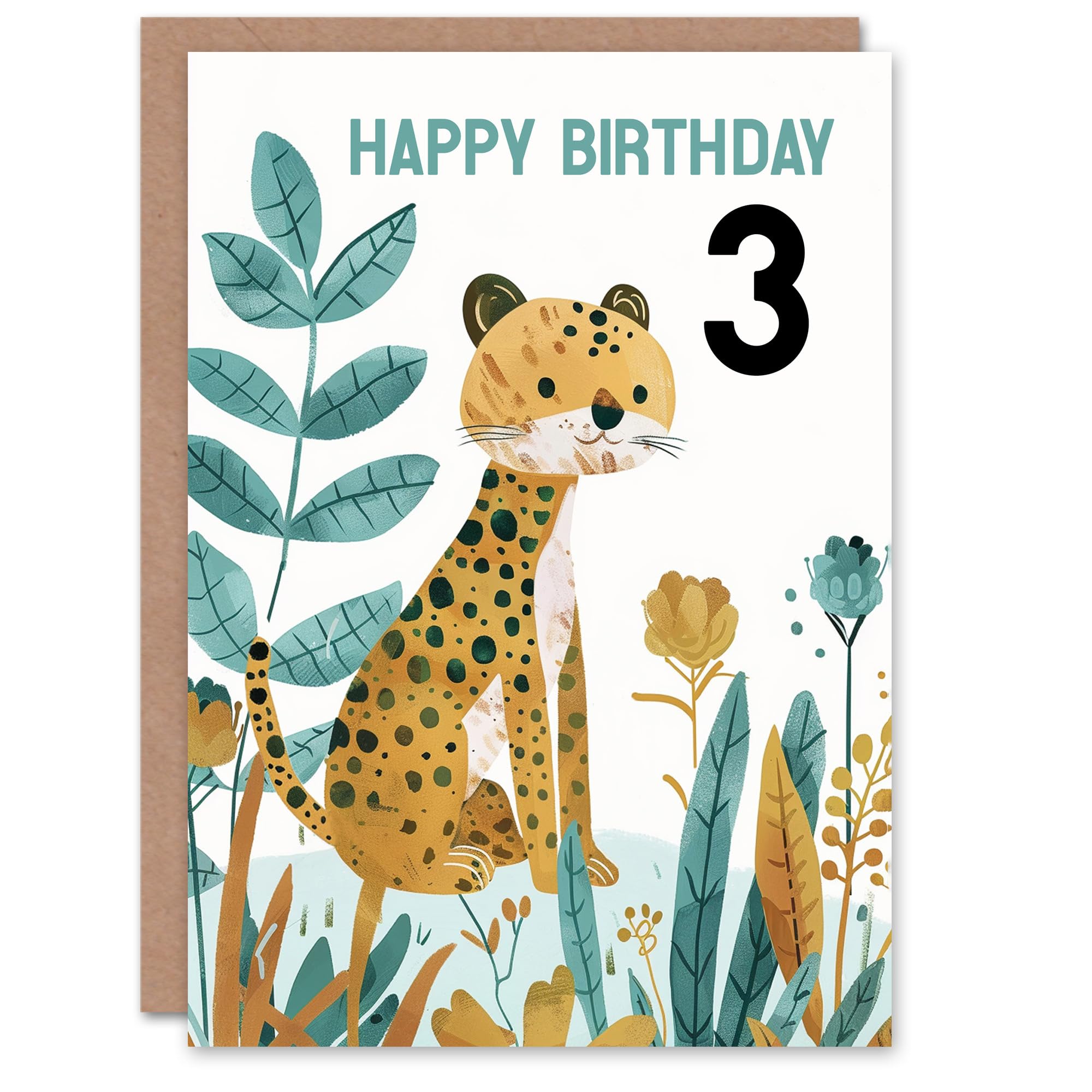 Artery8 3rd Birthday Card Cute Cheetah Jungle Plants Fun Kids Age 3 Year Old Child For Son Daughter Girl Boy Happy Card