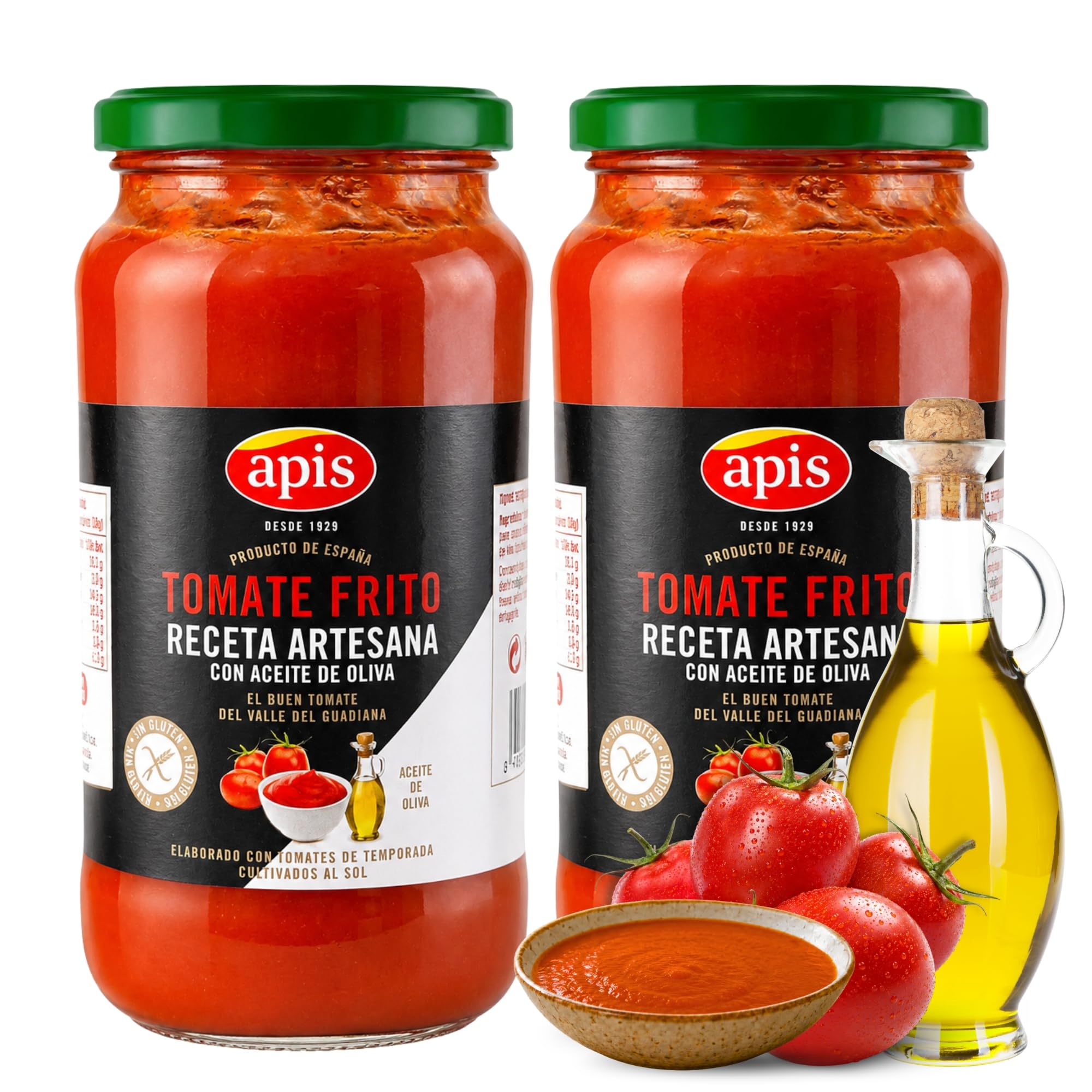Tomate Frito Apis, Tomate frito Receta artesana con aceite de oliva, Elaborado con tomates de temporada cultivados al sol, Sin Gluten, Producto Español, Contiene 2 Tarros de cristal de 550 gr