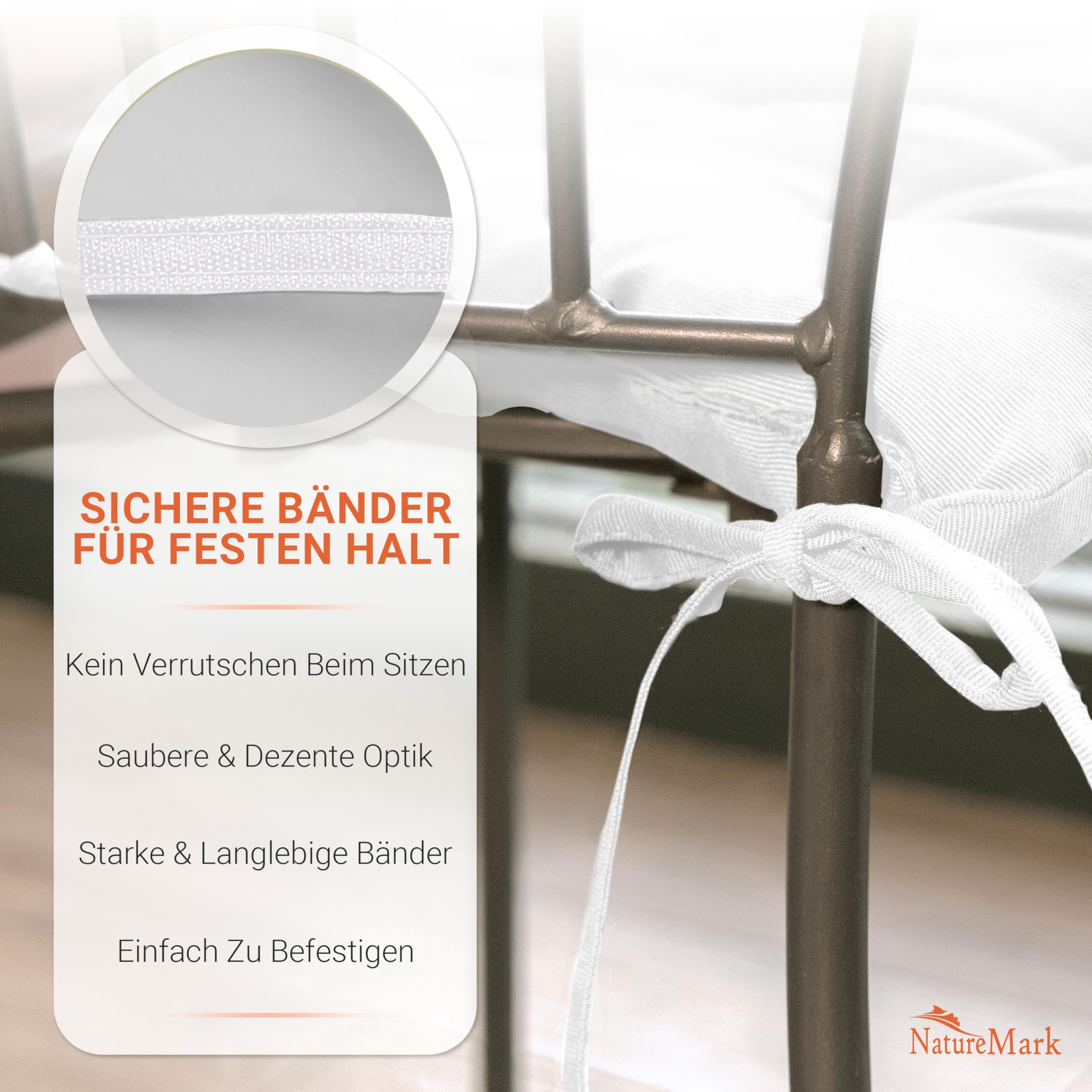 NatureMark 8er Set Stuhlkissen mit Bändern 40x40 cm – Gefüllte Sitzkissen, Outdoor & Indoor – Weiß