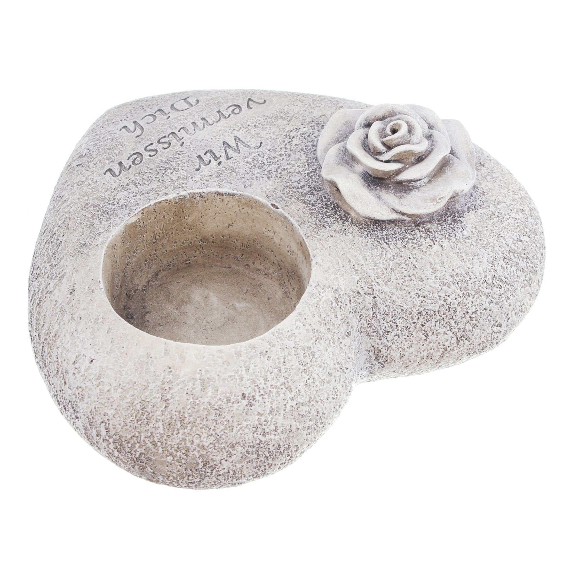 Grabschmuck Herz, Wir vermissen Dich, 18 x 20 x 8 cm, auch zum Bepflanzen geeignet, Polyresin, Aussparung für Grabkerzen Ø 7 cm
